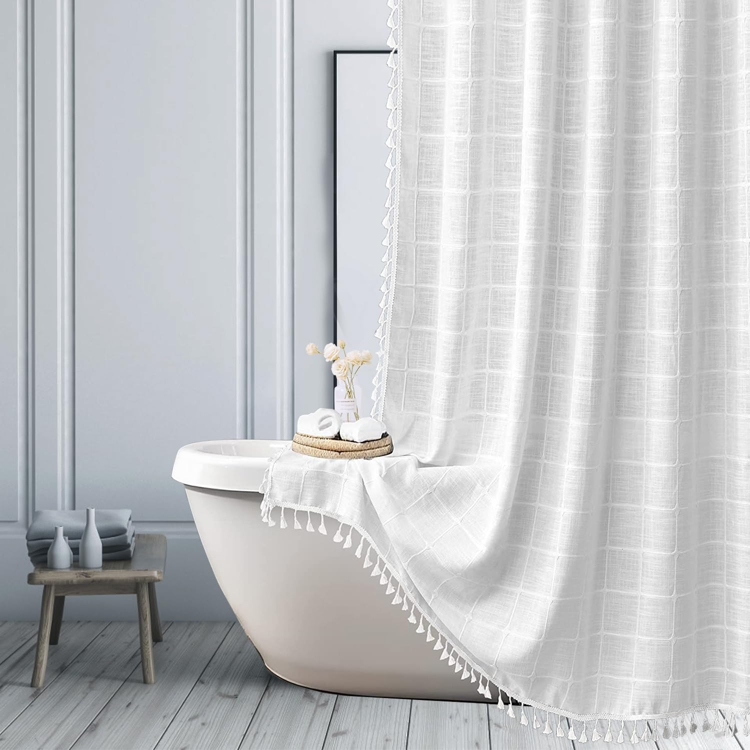 Boho Striped Farmhouse White Stall Shower Curtain - Heavy Duty Linen Fabric Bathroom Curtain Set with Tassel (36x72 inches) - Perfect for Small Bathrooms, Vintage Decor & Boho Chic Style