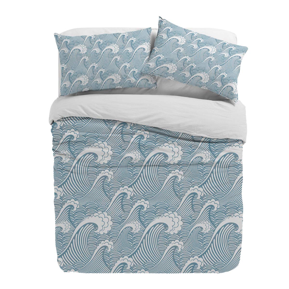 King Size 3-Piece Duvet Cover Set - Ocean Wave Japanese Design with 2 Pillow Shams | Soft, Breathable & Durable Bedding | Zipper Closure & Ties | Perfect for Coastal, Beach House or Zen Bedroom Decor