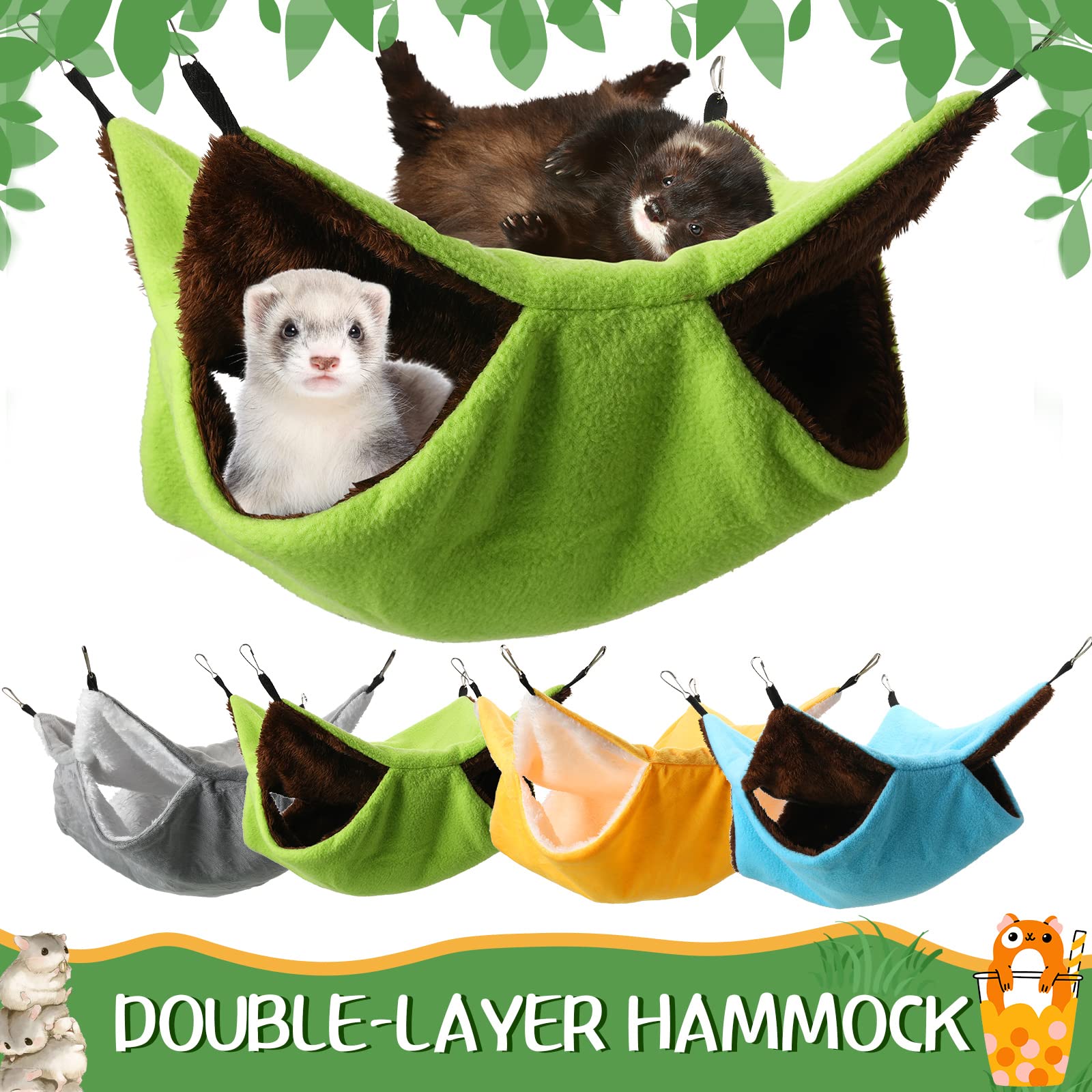 Nuogo 4-Pack Double Layer Small Animal Hammock - Ferret, Rat, Guinea Pig, Squirrel & Chinchilla Bed for Cage - Hanging Play & Sleep Accessories in Green, Blue, Gray & Yellow - Perfect for Small Pet Cages, Playtime & Cozy Napping Spaces