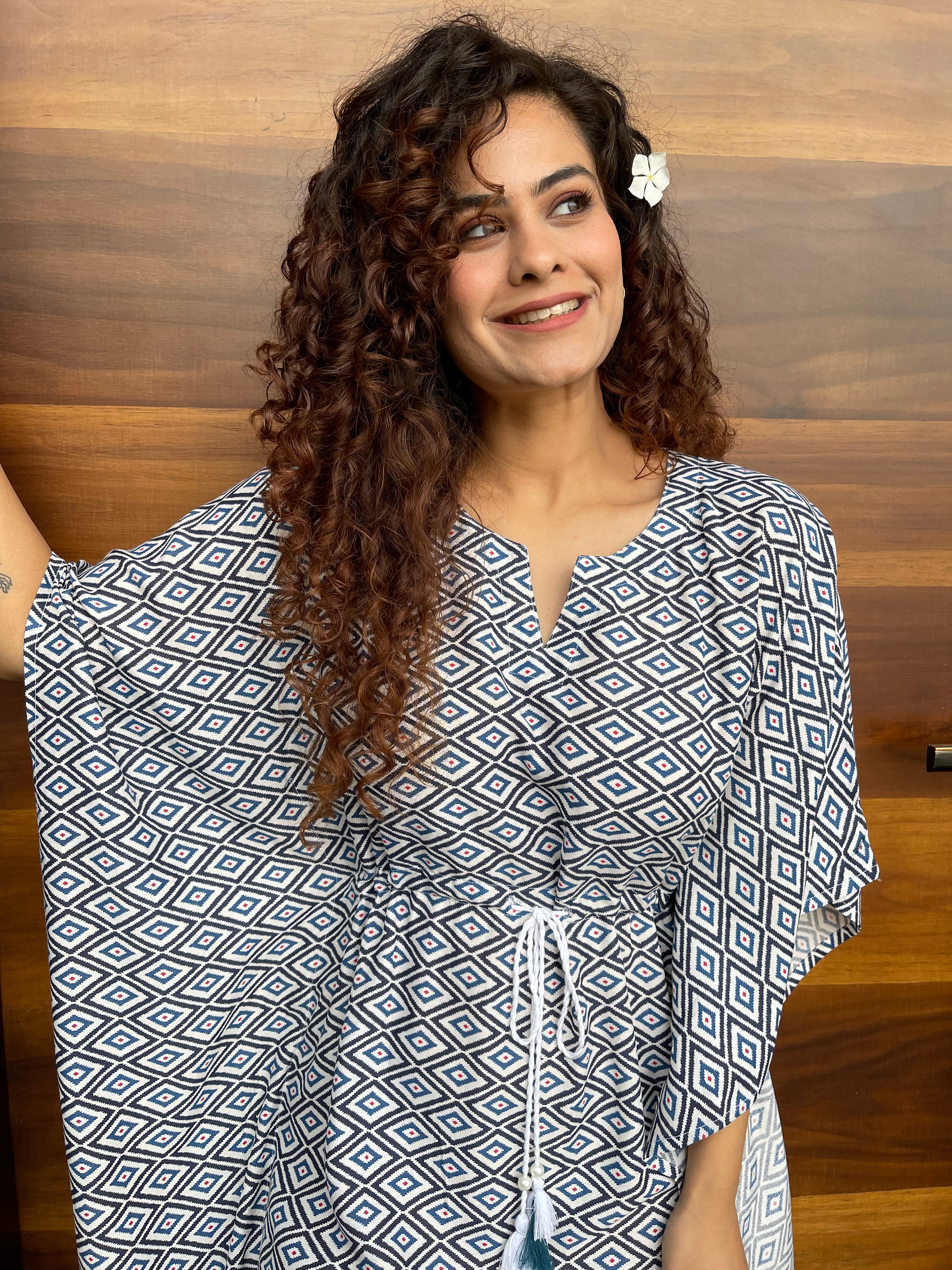 Soft and Comfortable Blue Cotton Kaftan Dress for Women - Perfect for Beach, Lounge, and Summer Vacation Wear