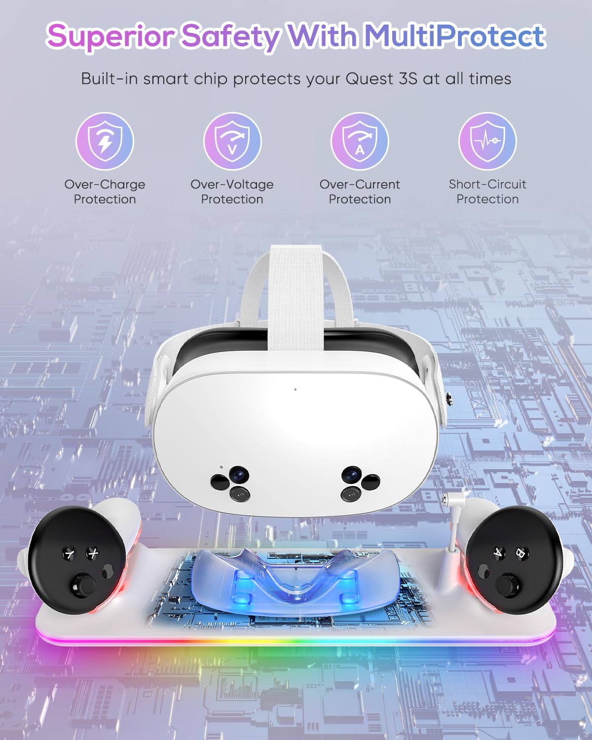 Meta Quest 3S/3 Charging Dock with RGB Lights - Magnetic Charging Station for Oculus Quest 3S/3 VR Headset & Controllers - Includes 2 Rechargeable Batteries - Perfect for Gaming, VR Entertainment & Home Theater Setup