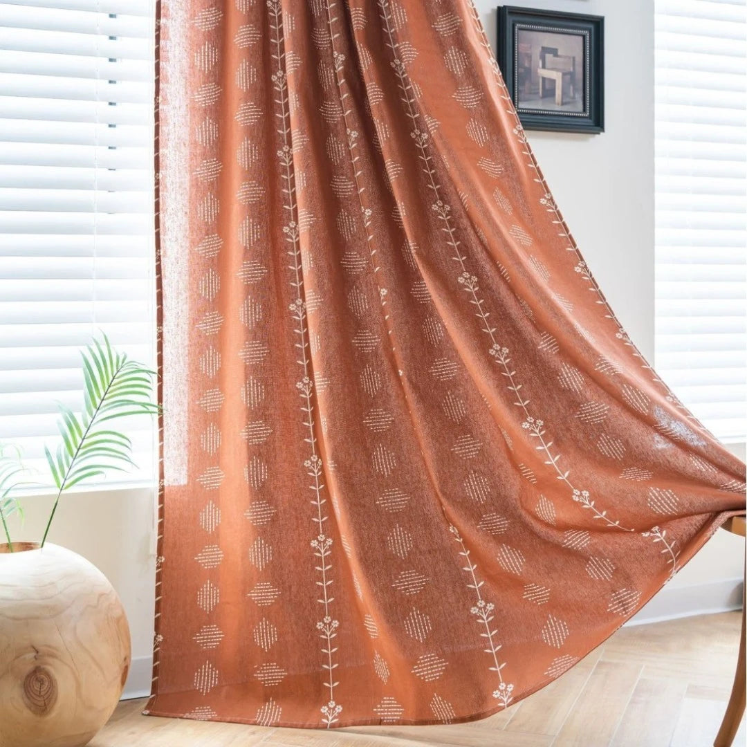 Boho Botanical Geometric Semi-Sheer Custom Curtains for Living Room & Bedroom - Light Filtering Window Drapes with Nature-Inspired Design