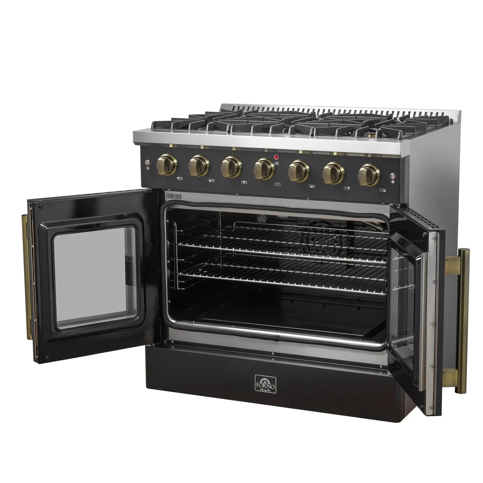 Forno Galiano 36 Inch French Door All Gas Range - Black with Antique Brass Trim - Model FFSGS6444 36BLK - Perfect for Modern Kitchens & Professional Chefs