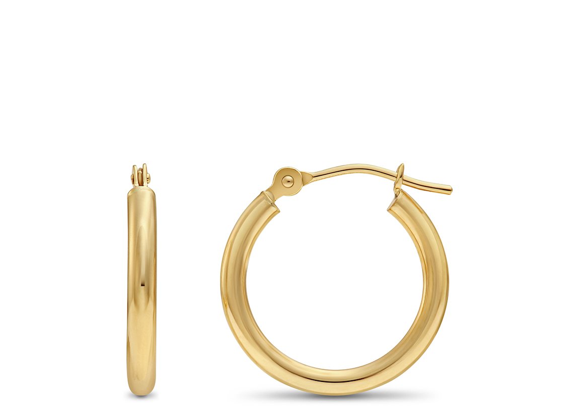 14K Yellow Gold Classic Shiny Polished Round Hoop Earrings - 2mm Tube for Women, Everyday Wear & Special Occasions