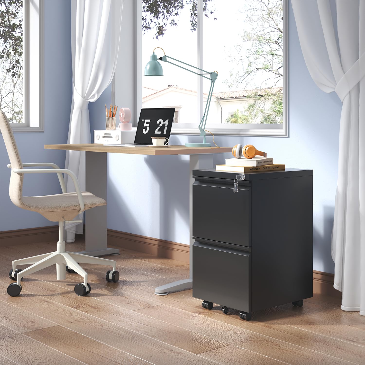 2 Drawer Mobile File Cabinet with Lock - Under Desk Metal Filing Cabinet for Home Office - Small Rolling Storage Organizer for Legal/Letter/A4 Documents - Fully Assembled (Black) - Perfect for Small Spaces & Office Organization
