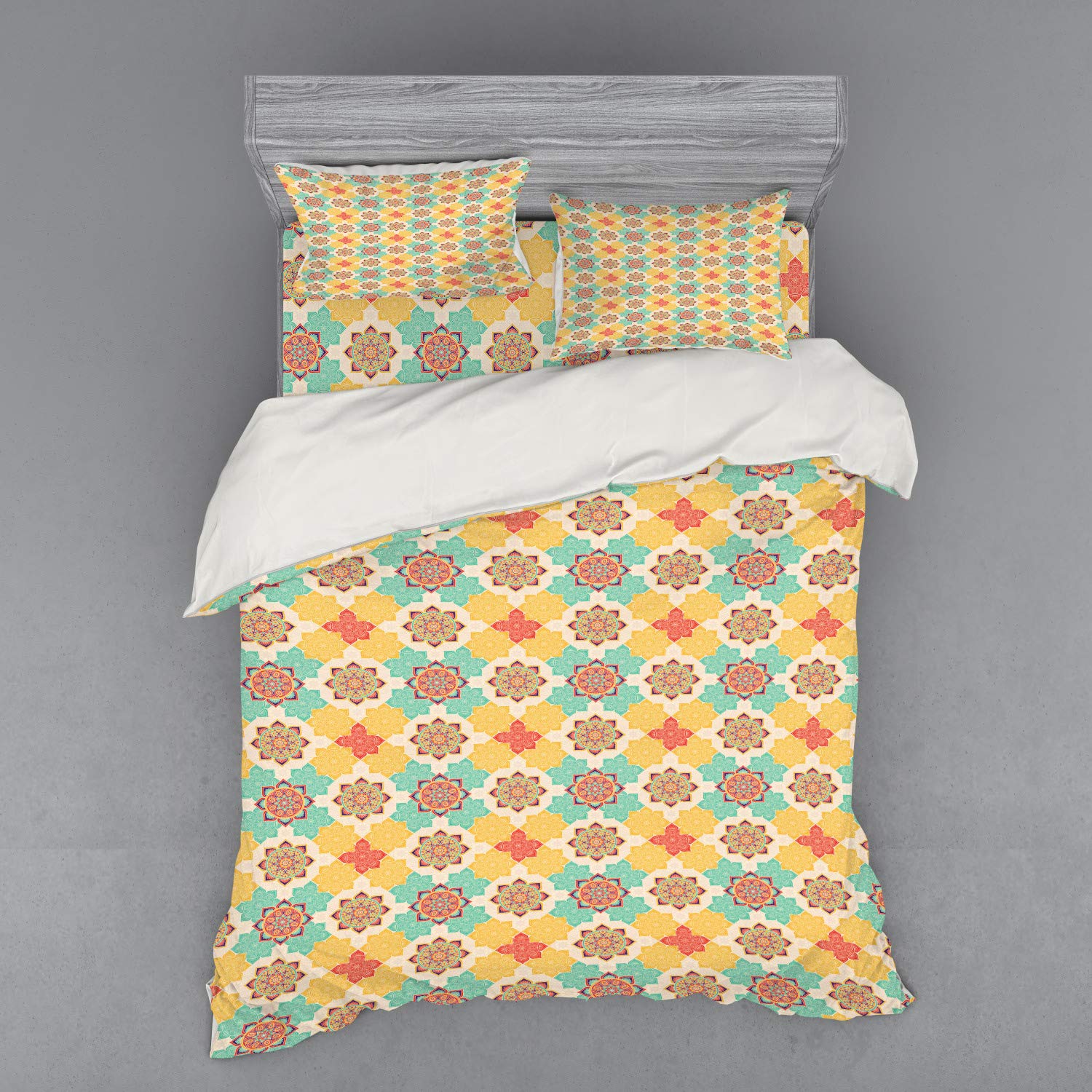 Ambesonne Moroccan Bohemian Bedding Set - 4 Piece Duvet Cover with Shams & Fitted Sheet, Queen Size, Vibrant Multicolor Floral Folk Art Design for Bedroom Decor | Perfect for Guest Rooms, Bohemian Style Homes & Cultural Themed Interiors