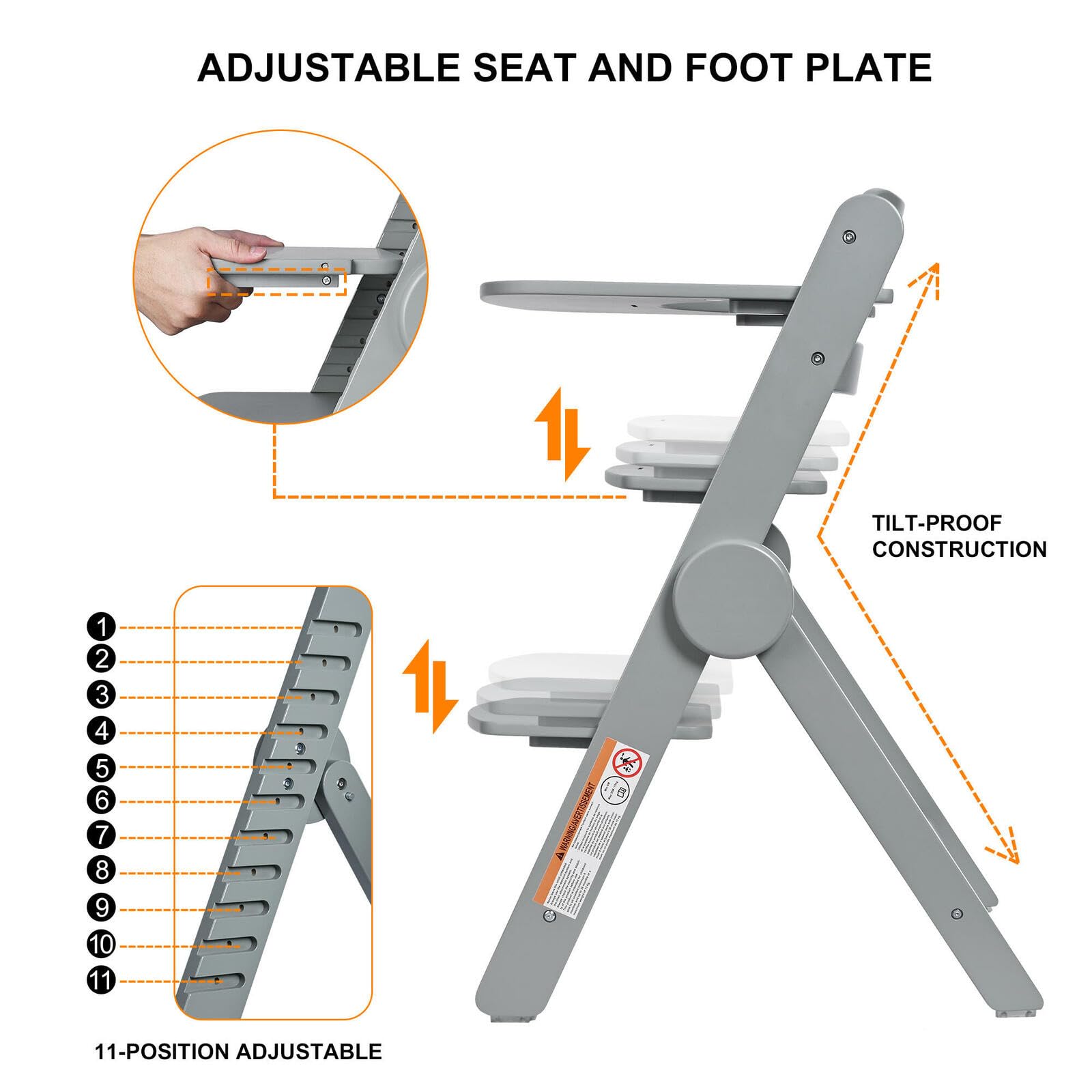 LIVINGbasics Adjustable Wooden High Chair with Removable Tray - Safe Baby Dining Chair for Toddlers & Kids - Perfect for Study, Mealtime & Step Stool Use at Home