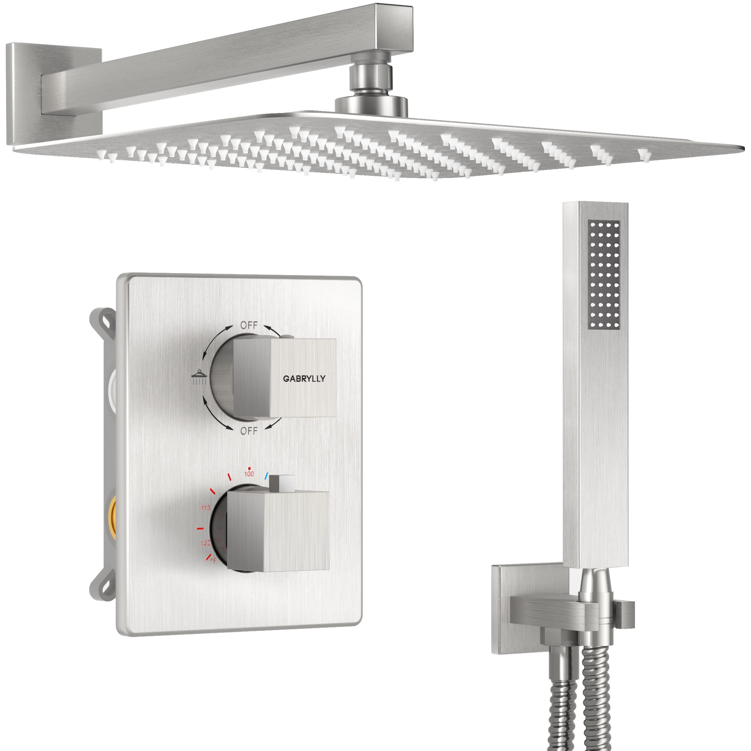 Gabrylly Thermostatic Shower System - Brushed Nickel Complete Shower Faucet Set with Rain Shower Head & Handheld Sprayer - Bathroom Shower Valve Included - Perfect for Modern Home & Spa-Like Bathroom Experience