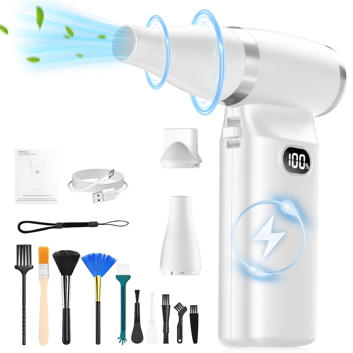 Rechargeable Cordless Electric Air Duster - 110,000 RPM Stepless Adjustable Compressed Air Blower with LED Light | Keyboard Cleaner for PC, Laptop, Car Interior & Home Office Cleaning Kit