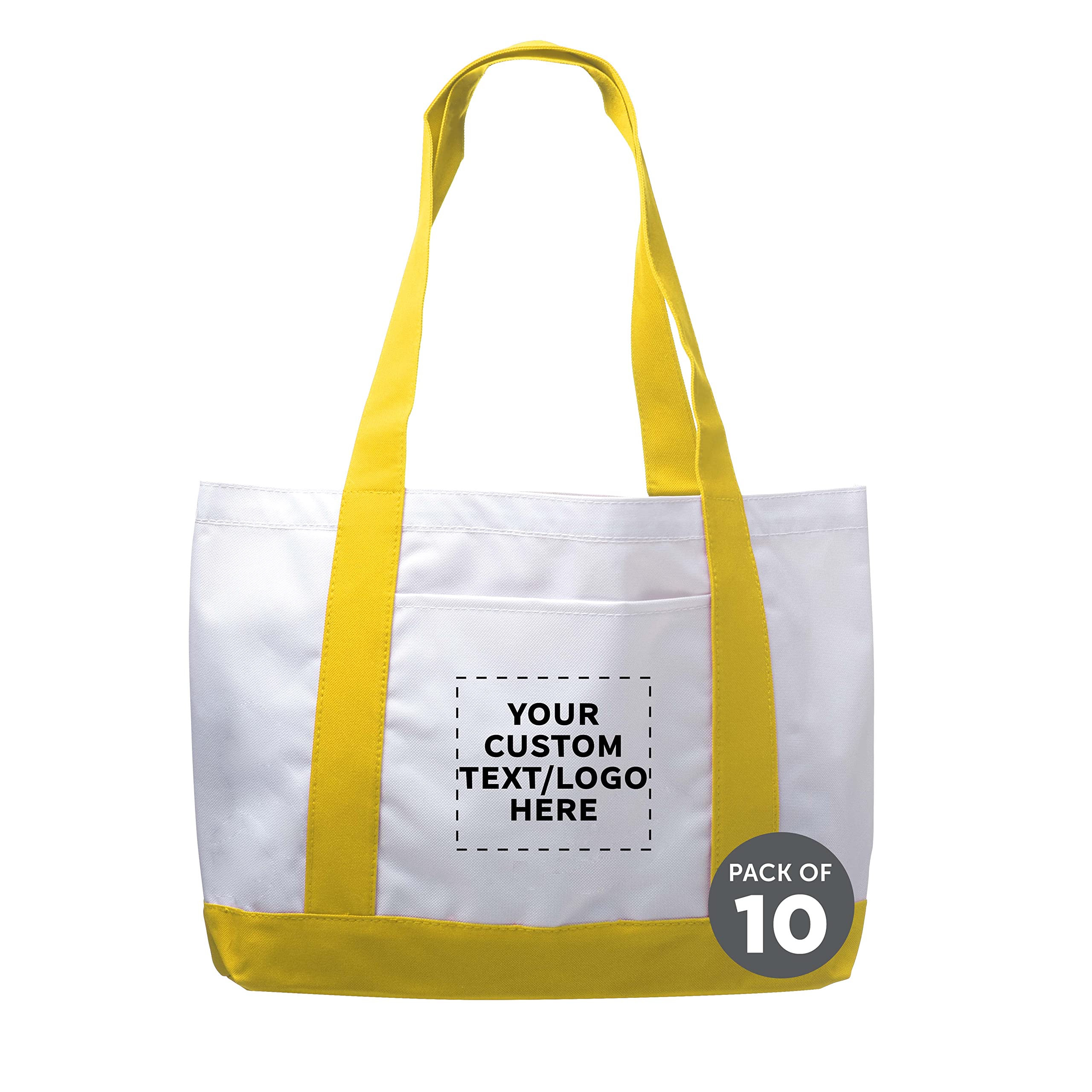 10 Pack Customizable Canvas Tote Bags with Reinforced Straps & Front Pocket - Fashionable Yellow Shoulder Bags for Shopping, Beach & Work - Bulk Wholesale Polyester Totes for Promotions & Events