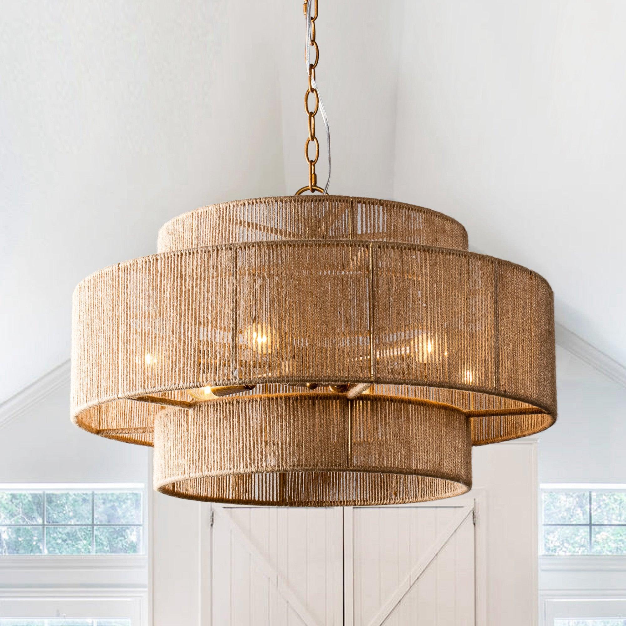 Bohemian Antique Gold 6-Light Drum Chandelier with Natural Rope Shade - Rustic Ceiling Light Fixture for Dining Room, Living Room & Bedroom