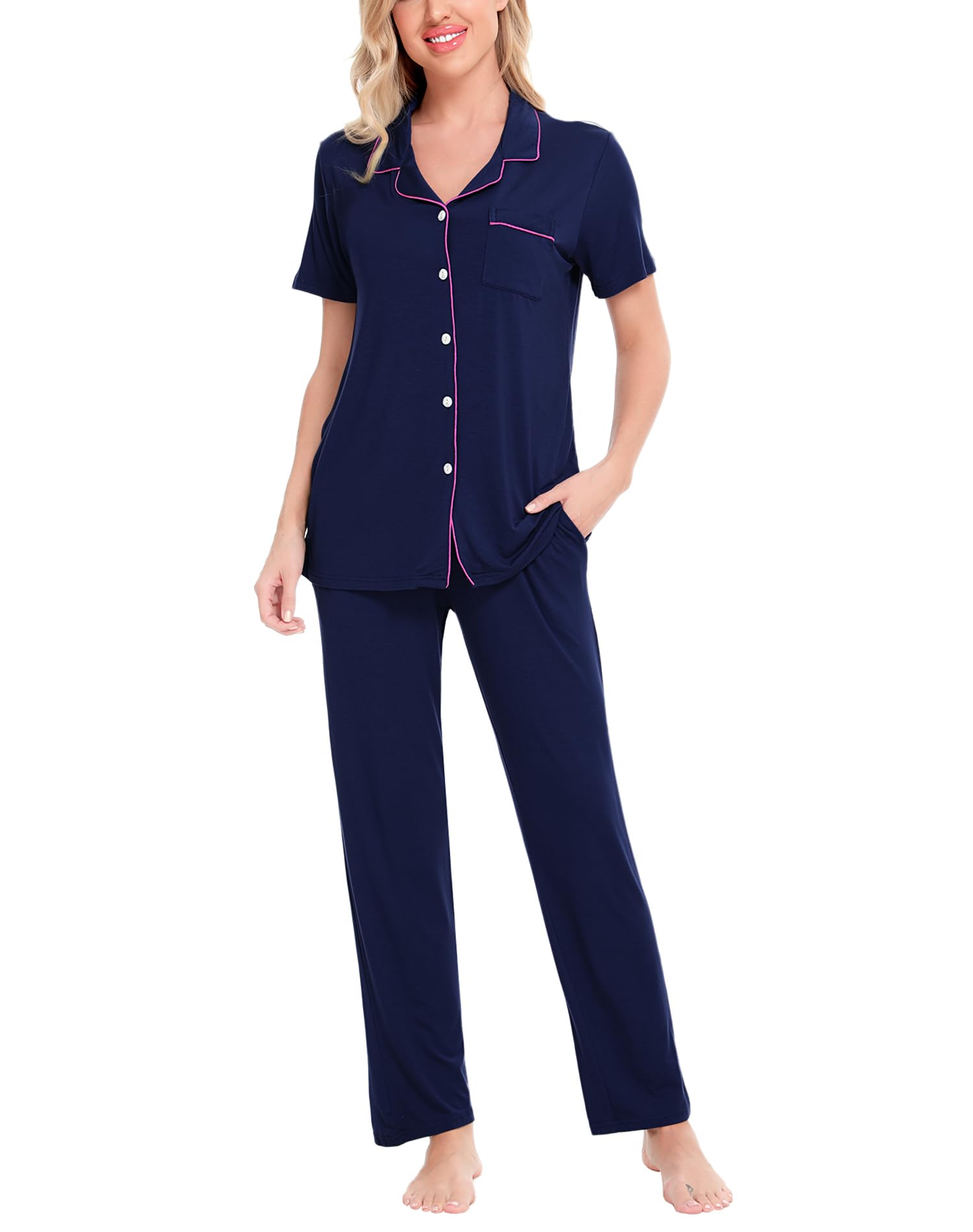 SWOMOG Women's 2-Piece Pajama Set - Soft Short Sleeve Button Down Sleepwear with Comfortable Long Pants for Lounge, Sleep & Relaxation at Home