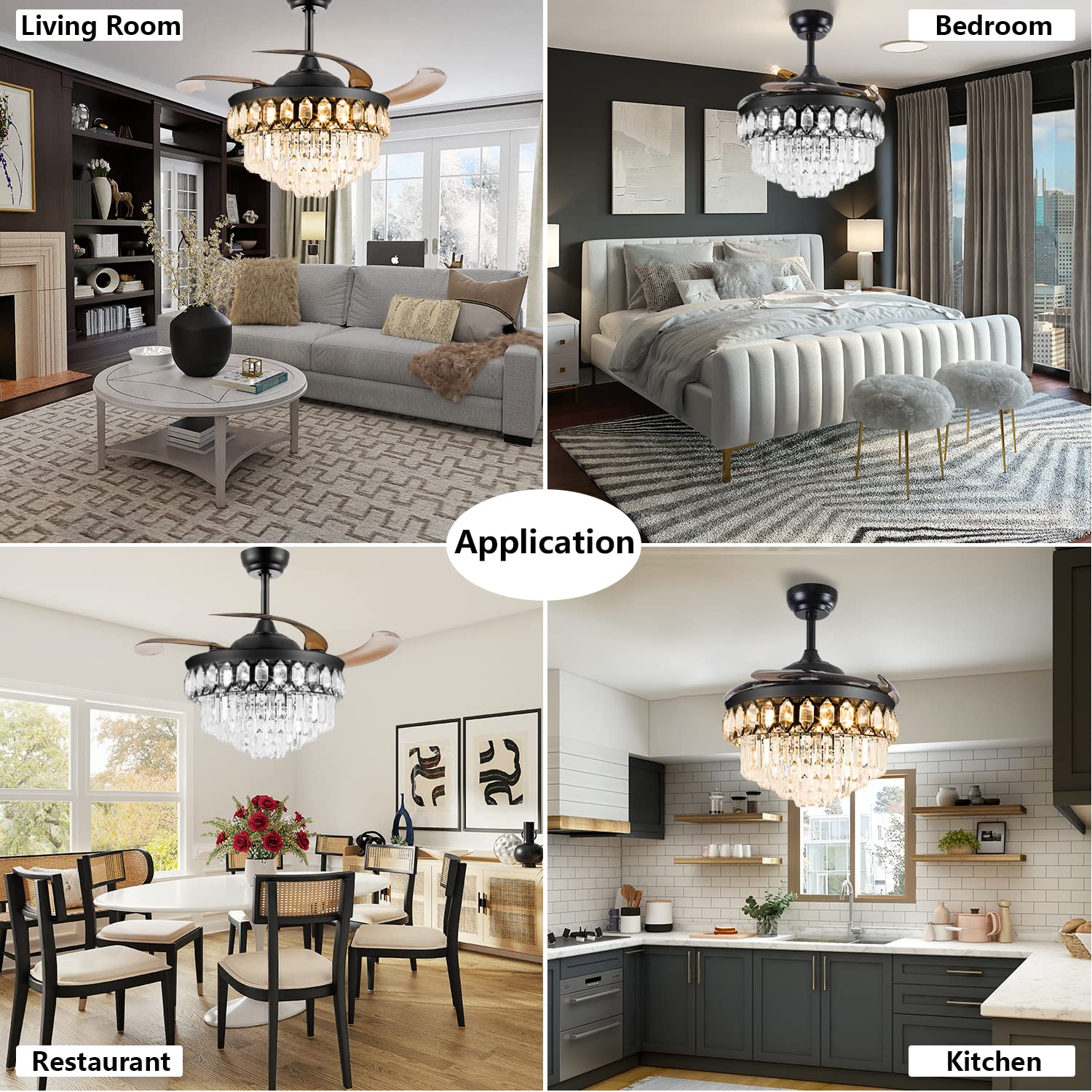 RuiWing 42 Inch Crystal Ceiling Fan with Light, Retractable Blades, Remote Control, 3 Speed & Dimmable LED Chandelier - Perfect for Bedroom, Living Room, Dining Room & Home Decor