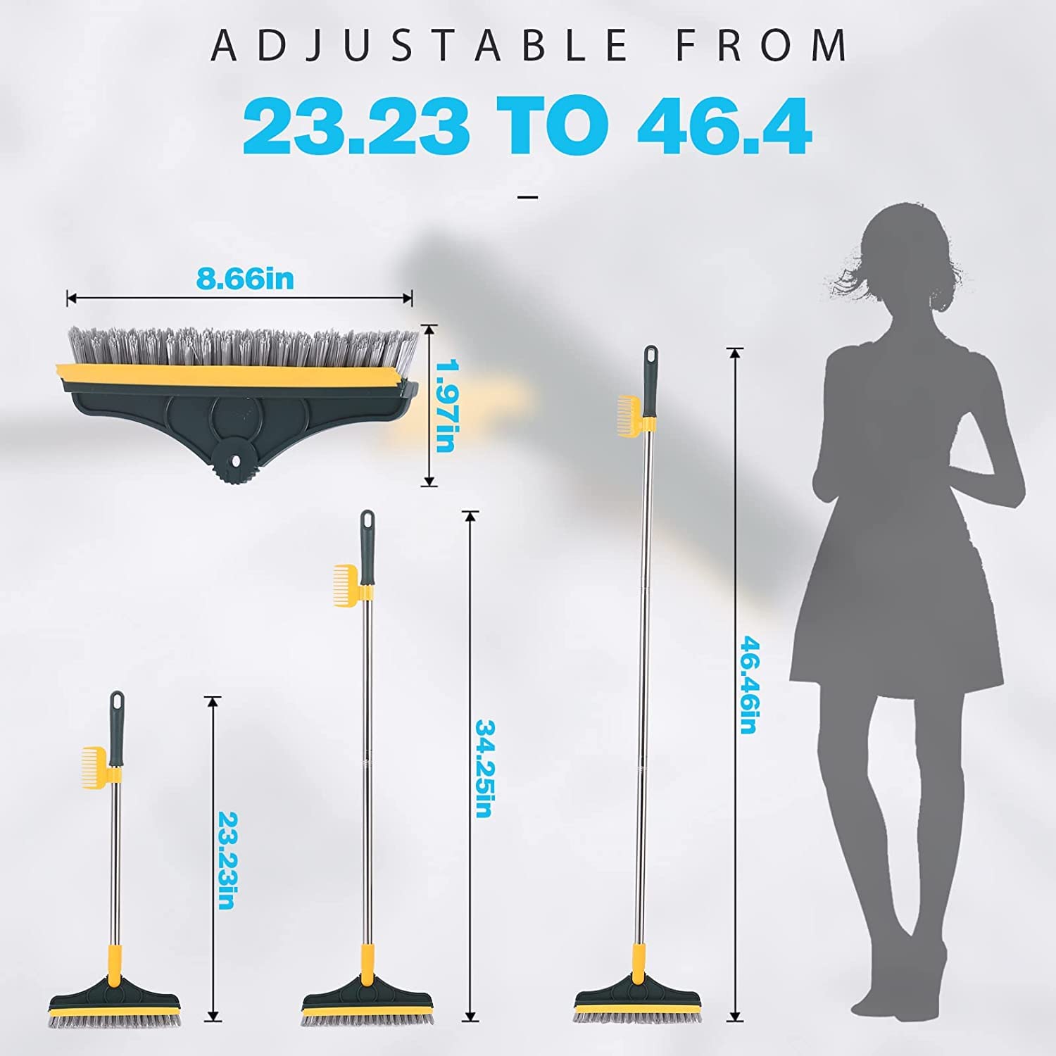 2 in 1 Floor Scrub Brush with Long Handle - Adjustable V-Shaped Cleaning Brush for Bathroom & Kitchen - 120° Rotating Removable Head & Squeegee - Perfect for Tile Floors, Grout Cleaning & Hard-to-Reach Corners