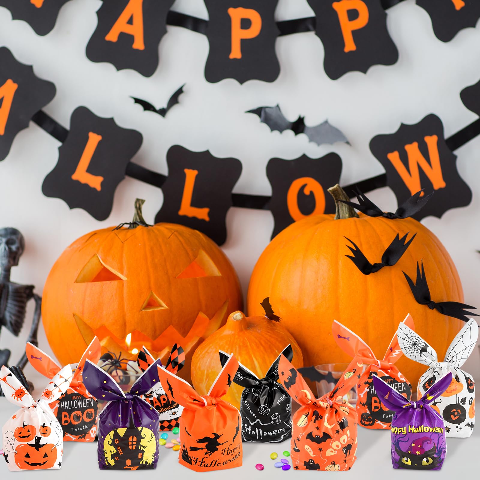 100 Pcs Halloween Candy Bags with Rabbit Ears - Pastry, Cake & Cookie Packaging - Multicolor Party Favors for Halloween Celebrations, Trick or Treat & Gift Giving