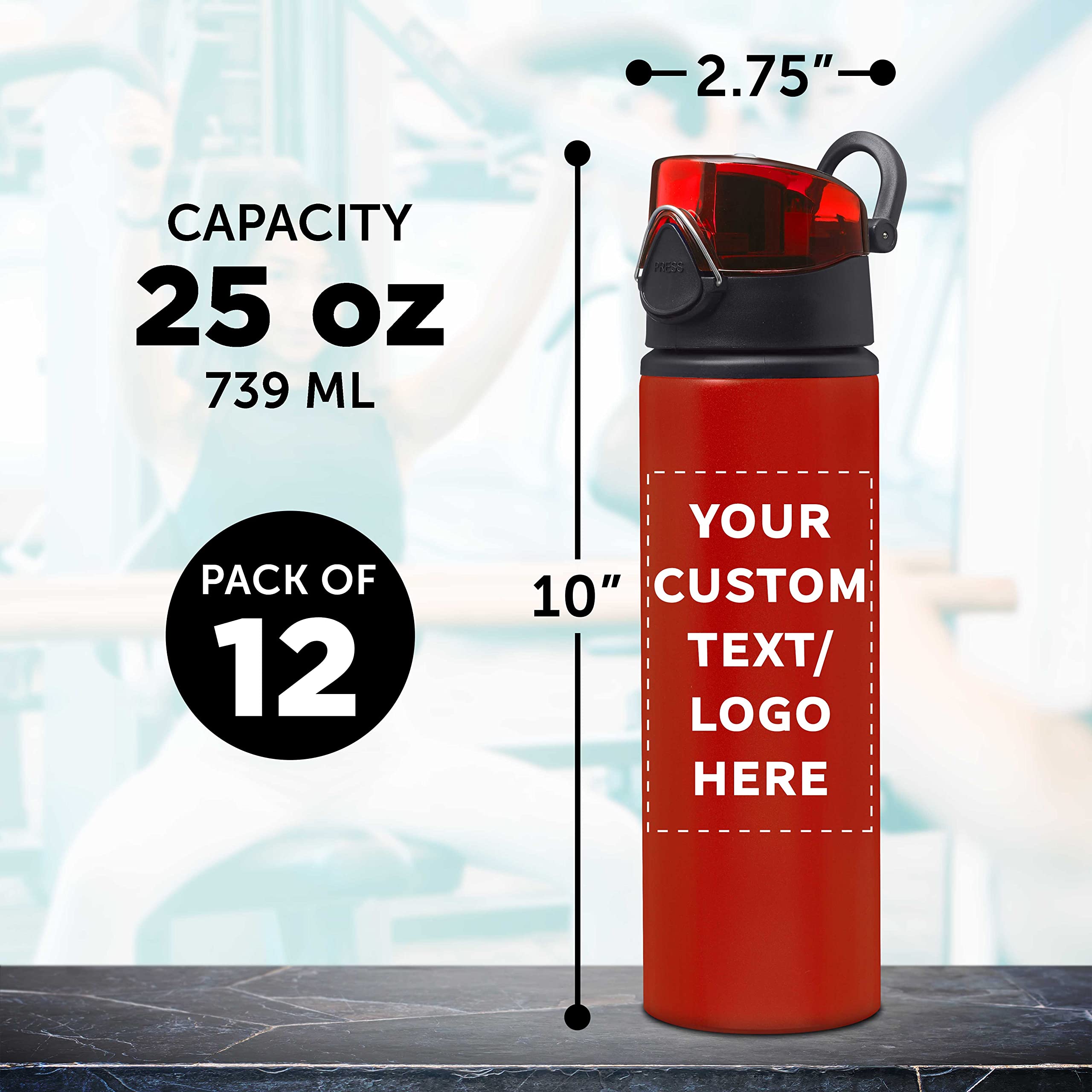 Custom 25 oz Aluminum Water Bottles with Carabiner Clip - Bulk Pack of 12, Personalized & Refillable - Ideal for Gym, Hiking, Cycling, School, Office & Outdoor Adventures - Red
