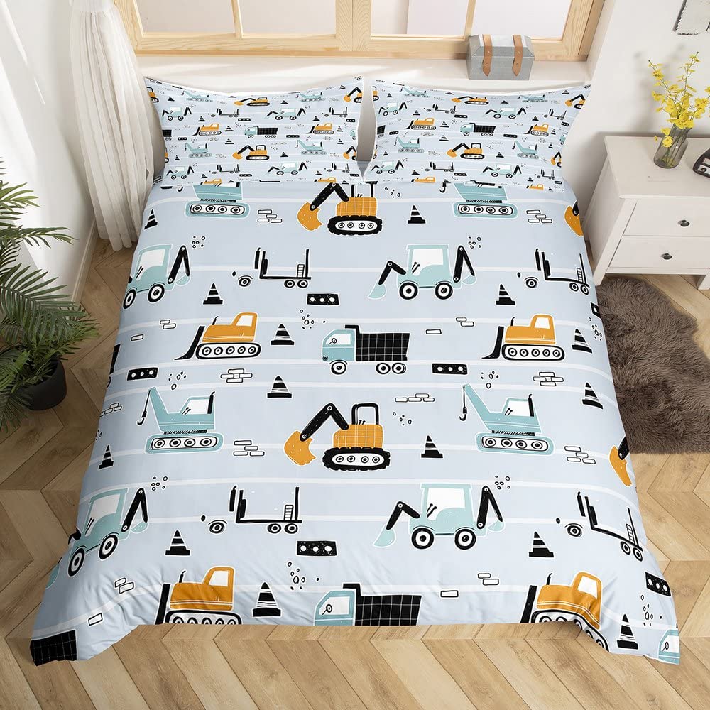 Tractor Duvet Cover Set Twin Size - Construction Vehicle Bedding for Kids & Teens | Excavator Crane Themed 2-Piece Comforter Cover with Pillowcase | Perfect for Boys & Girls Room Decor, Birthday Gifts | Modern Striped Design for Construction-Themed Bedrooms