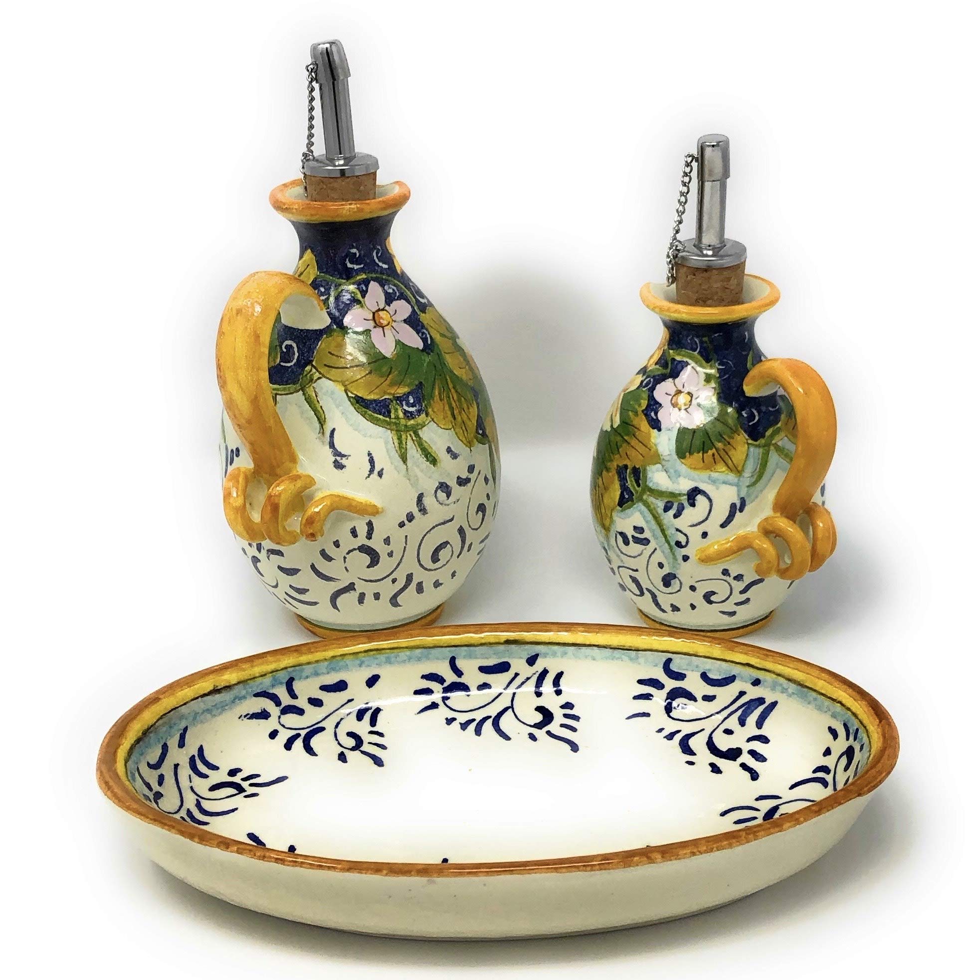 Italian Ceramic Oil and Vinegar Cruet Set with Sunflower Design - Hand Painted Tuscan Art Pottery Made in Italy | Perfect for Kitchen Decor, Dining Table Centerpiece & Gift Giving