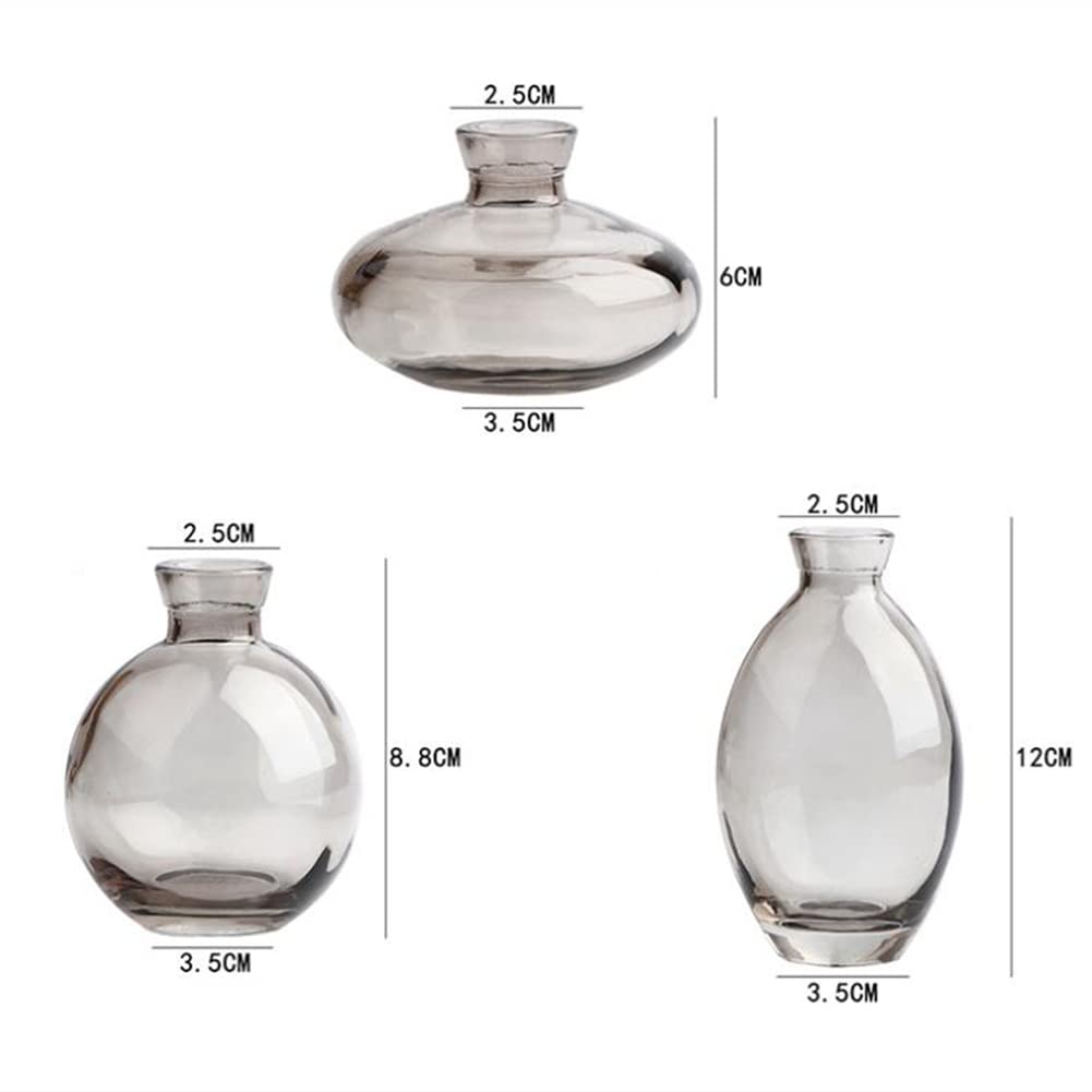 3-Piece Glass Bud Vase Set - Mini Flower Vases for Home Decor, Wedding Centerpieces & Tabletop Décor | Modern Small Vases for Bookshelf, Dining Table & Office Desk Decorations (Gray)