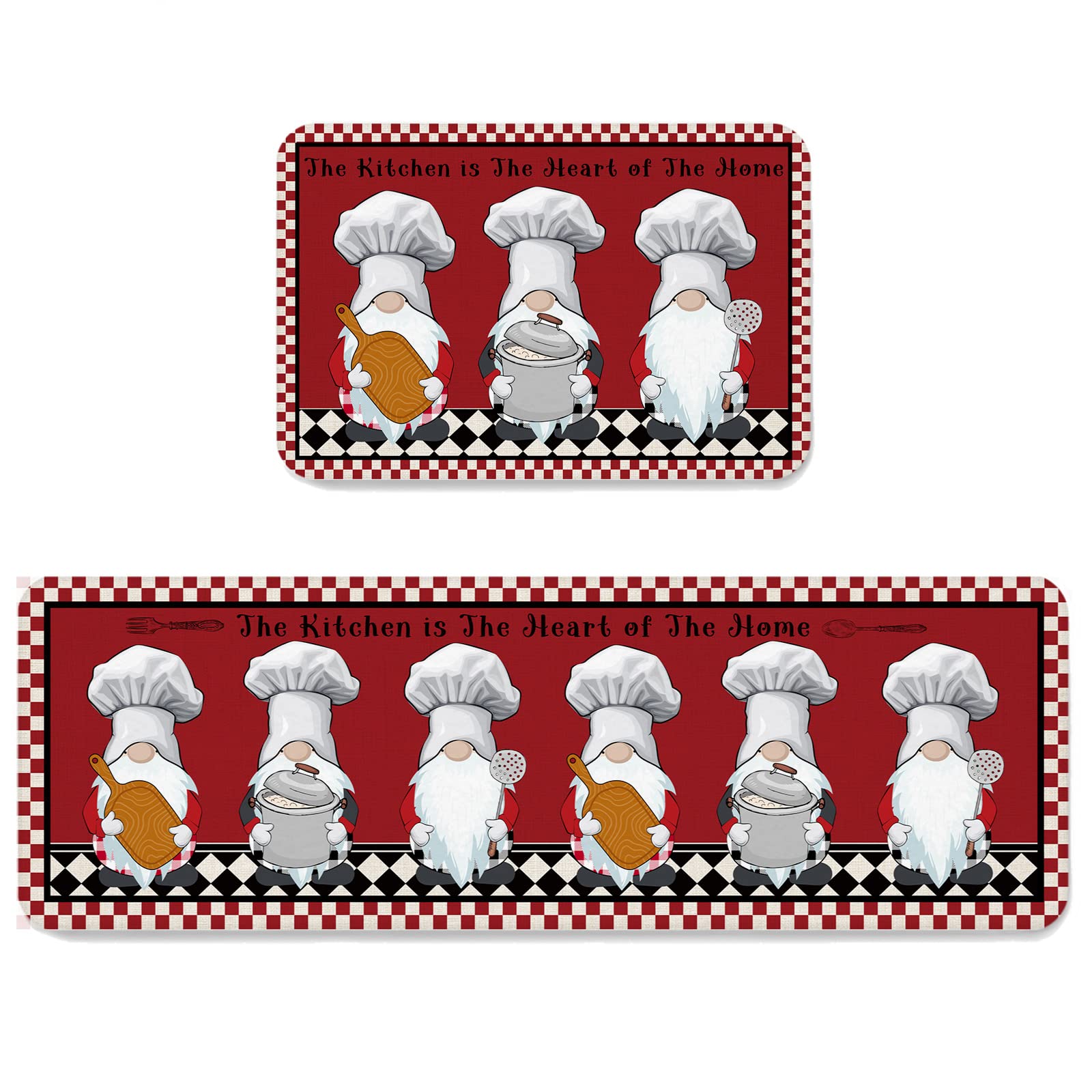 Sun-Shine Kitchen Chef Gnome 2-Piece Non-Slip Red Buffalo Check Floor Mat Set - Soft Standing Doormat & Vintage Runner for Kitchen, Bathroom - Perfect for Cooking, Baking & Home Decor