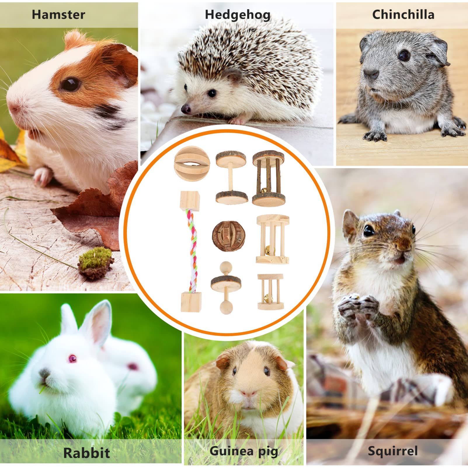 Balacoo 8PCS Natural Wood Hamster Chew Toys - Small Animal Teething Toys for Hamsters, Chinchillas & Rabbits - Wooden Play Hut & Running Cave for Pet Enrichment & Dental Health - Perfect for Cage Accessories & Playtime Fun