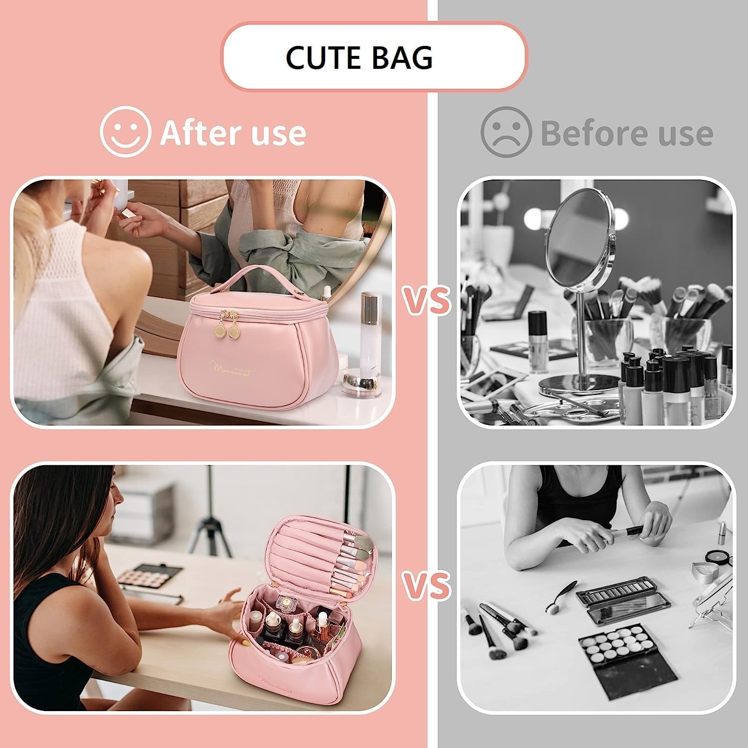 RELEMTRA Women's Leather Cosmetic Travel Bag - Portable Makeup Organizer with Handle & Divider, Wide Opening Cute Pink Makeup Storage Bag for Travel, Gym, Work & Daily Use