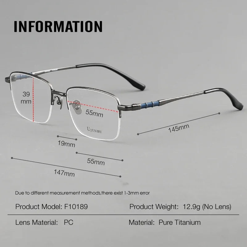 Aror Men's Semi-Rimless Square Titanium Eyeglasses Frame 10189 - Lightweight & Durable for Work, Reading & Everyday Use