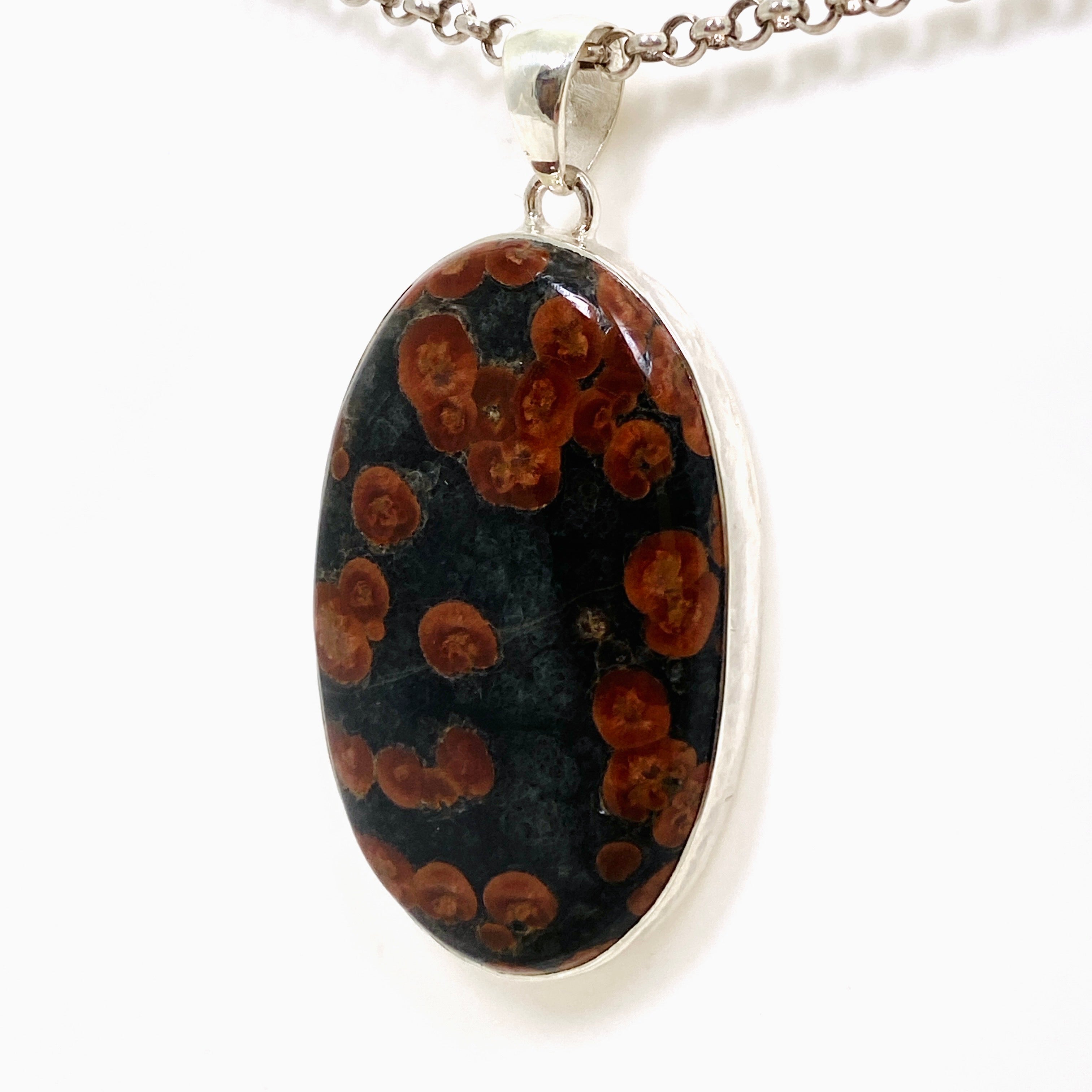 Natural Peanut Obsidian Perlite Oval Cabochon Pendant with Hammered Silver Setting KPGJ4769 - Elegant Handmade Jewelry for Women, Perfect for Gifts & Spiritual Healing