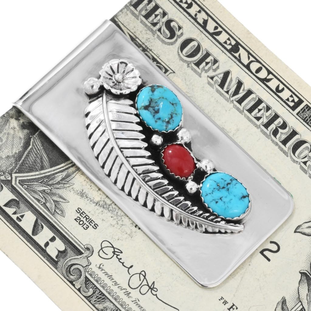 Authentic Native American Turquoise Coral Silver Money Clip - Handcrafted Sterling Navajo Design on German Silver - Perfect for Gifts, Collectors & Everyday Use