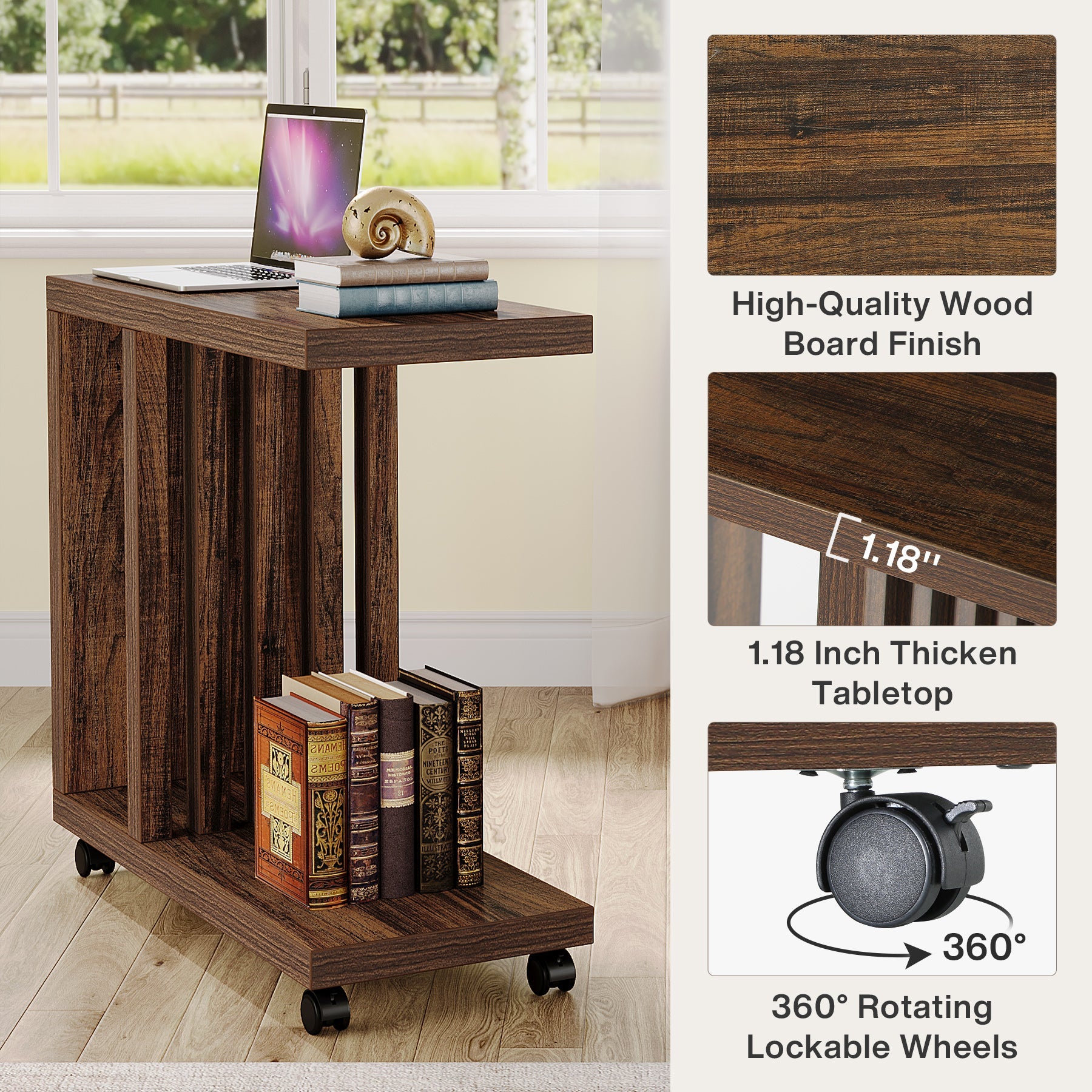 2 Tier C-Shaped End Table with Lockable Wheels - Modern Wood Side Table for Living Room, Bedroom & Office - Perfect for Small Spaces, Nightstand, or Extra Storage