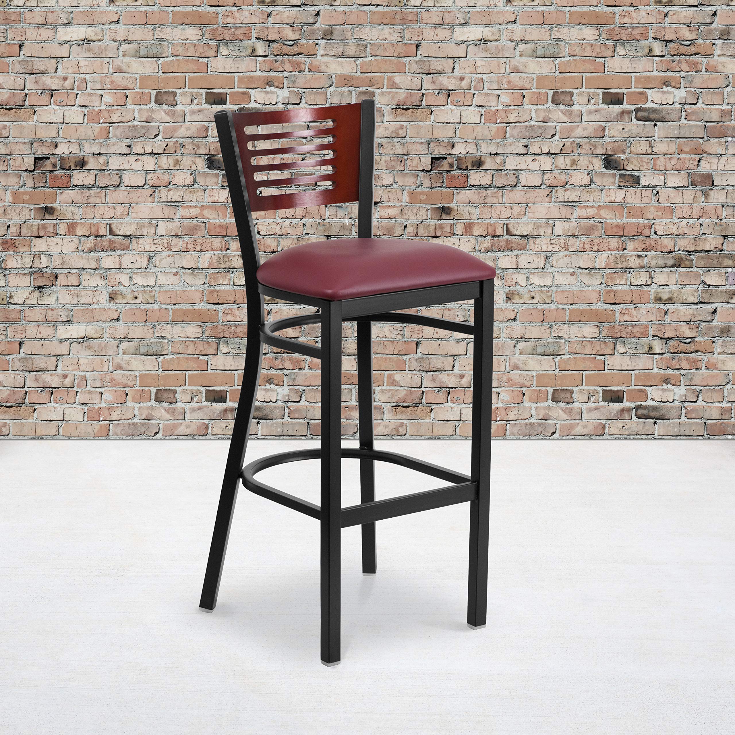 2 Pack Black Slat Back Metal Bar Stools with Mahogany Wood Back & Burgundy Vinyl Seat - Counter Height Stools for Kitchen Island, Bar, Restaurant & Home Decor