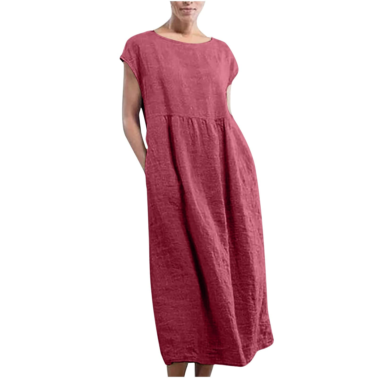 NaRHbrg Women's Long Sleeve Summer Dress - Cotton Linen Casual Maxi Dress with Pockets | Cap Sleeve Solid Kaftan T-Shirt Dress for Beach, Vacation & Everyday Wear