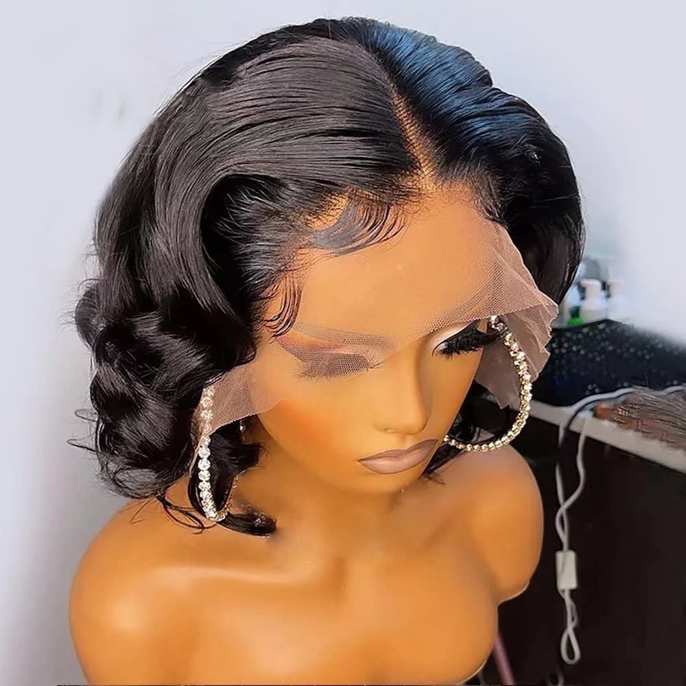 13x6 Deep Part Wave Bob Wig - HD Transparent Lace Front Human Hair Wig with Baby Hair | Short Wavy Brazilian Remy Hair for Black Women | Pre-Plucked, Bleached Knots, 150% Density (8 Inch) | Perfect for Daily Wear, Parties & Special Occasions