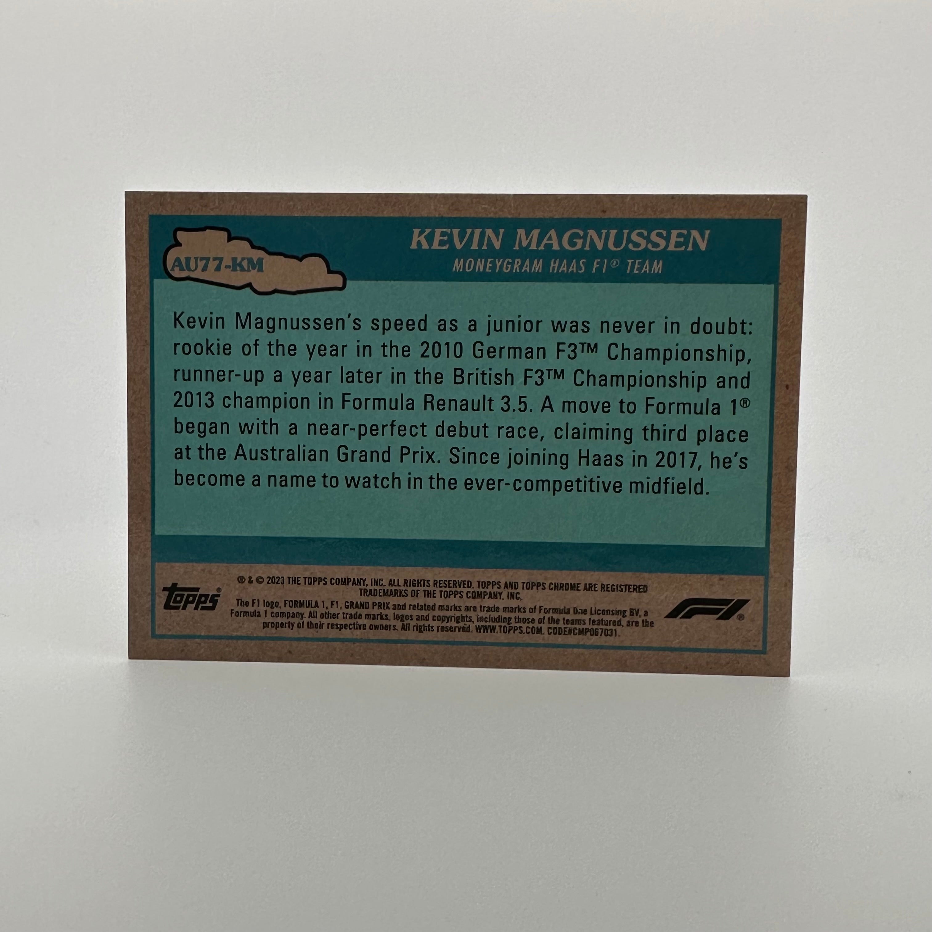 2023 Topps Chrome Kevin Magnussen #AU77 KM Gold 3/50 - Rare Racing Driver Trading Card for Collectors & F1 Fans