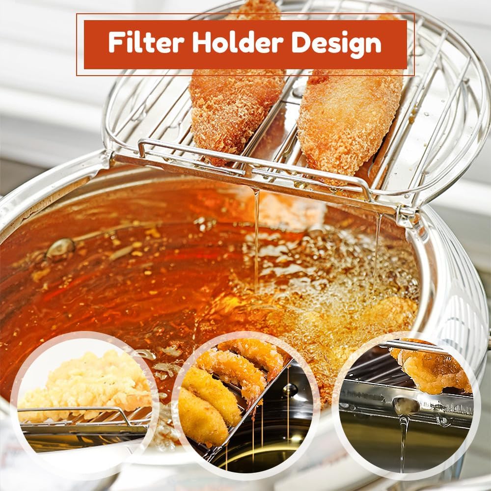 2024 Upgraded Stainless Steel Deep Fryer Pot with Thermometer & Oil Drip Rack - 11 Inch Japanese Tempura Fryer for Chicken, Chips & Home Cooking | Perfect for Kitchen, Restaurants & Outdoor Camping