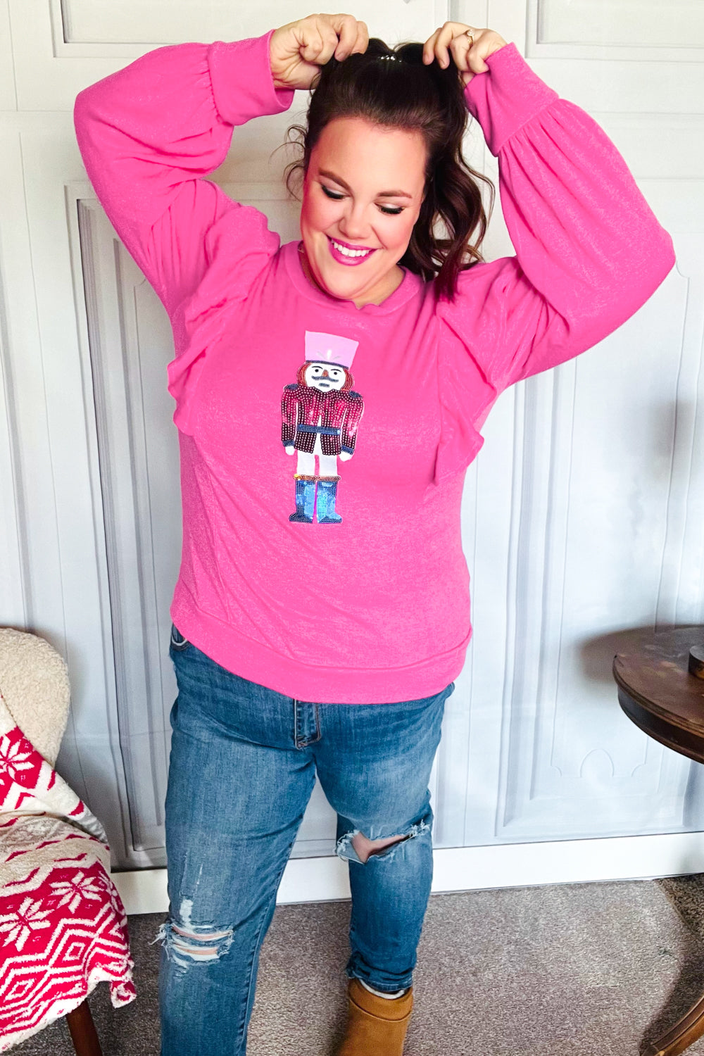 Festive Hot Pink Sequin Nutcracker Christmas Sweater with Ruffle Hacci Knit - Perfect for Holiday Parties, Ugly Sweater Contests & Winter Gatherings