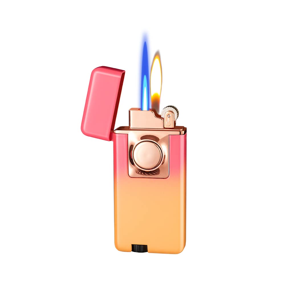 Jet Torch Lighter Dual Flame Butane Refillable - Soft & Torch Flame 2-in-1 Cigar Lighter for Cigars, Cigarettes & Pipes - Perfect Gift (Pink-Yellow) - Ideal for Outdoor Camping, BBQ & Home Use