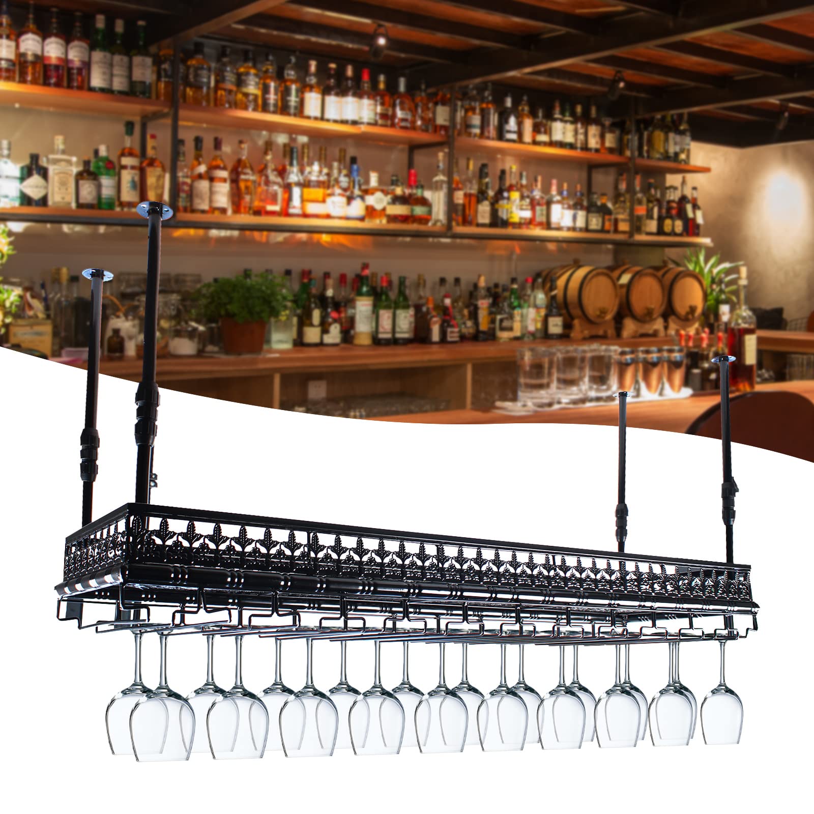 Vintage Metal Under Cabinet Wine Glass Rack - Holds 48 Goblets, Industrial Retro Style for Home Kitchen & Bar - Perfect for Organizing Stemware & Saving Counter Space (Black)