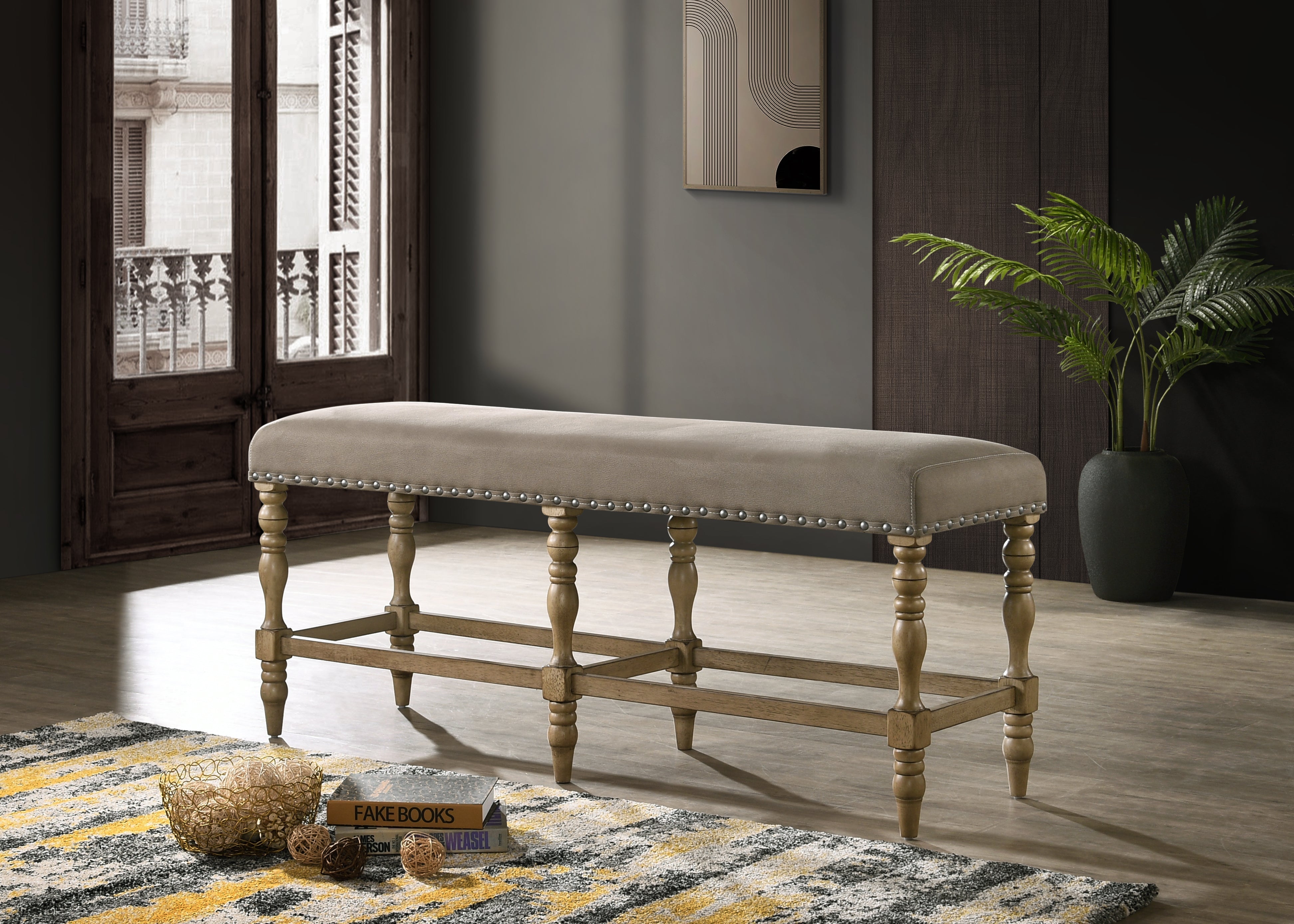 Roundhill Furniture Birmingham Microfiber Upholstered Counter Height Bench with Nail Head Trim in Driftwood Finish - Stylish Bar Stool for Kitchen Island, Breakfast Nook & Entryway Seating