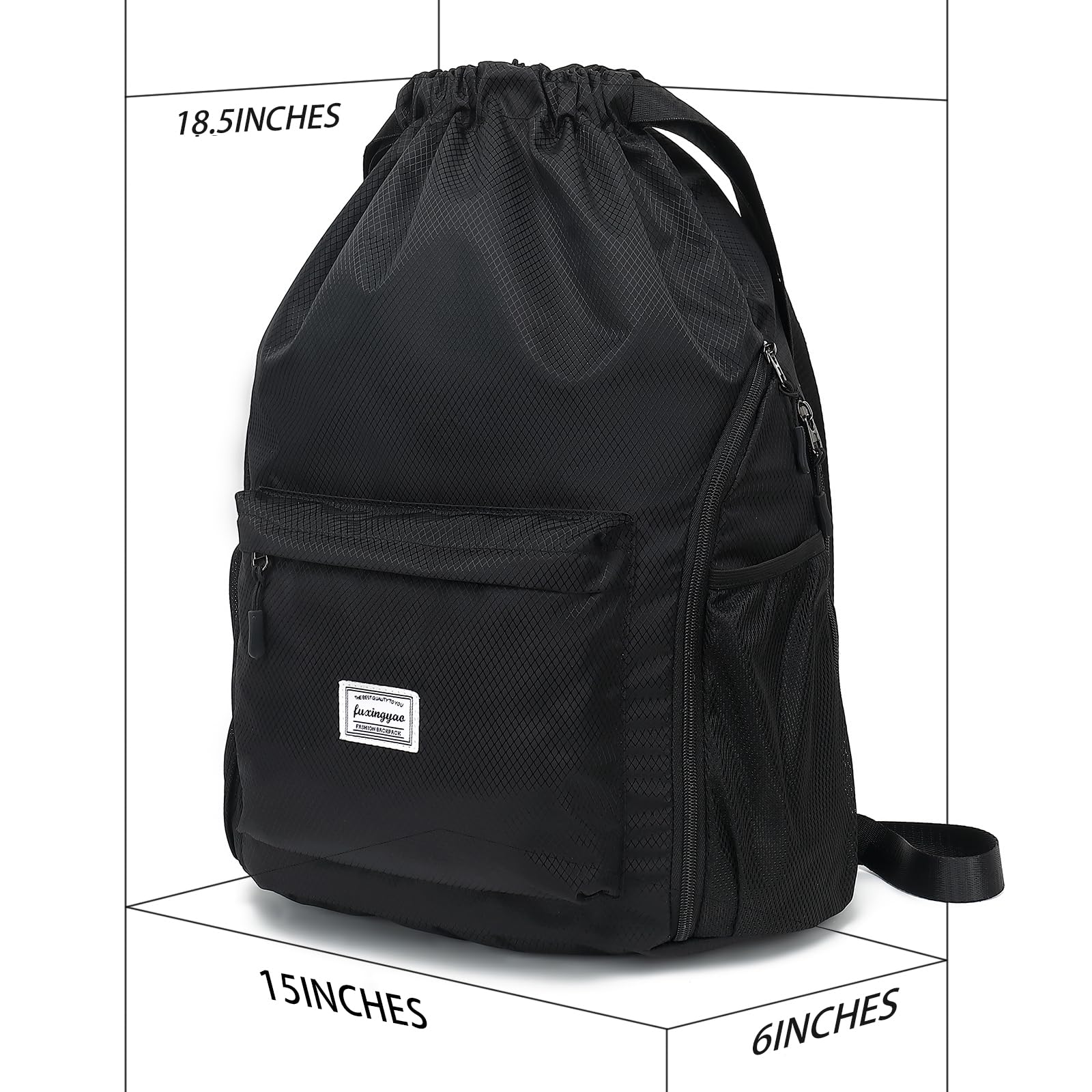 Fitness Drawstring Backpack with Shoe Compartment for Gym & Travel - Black
