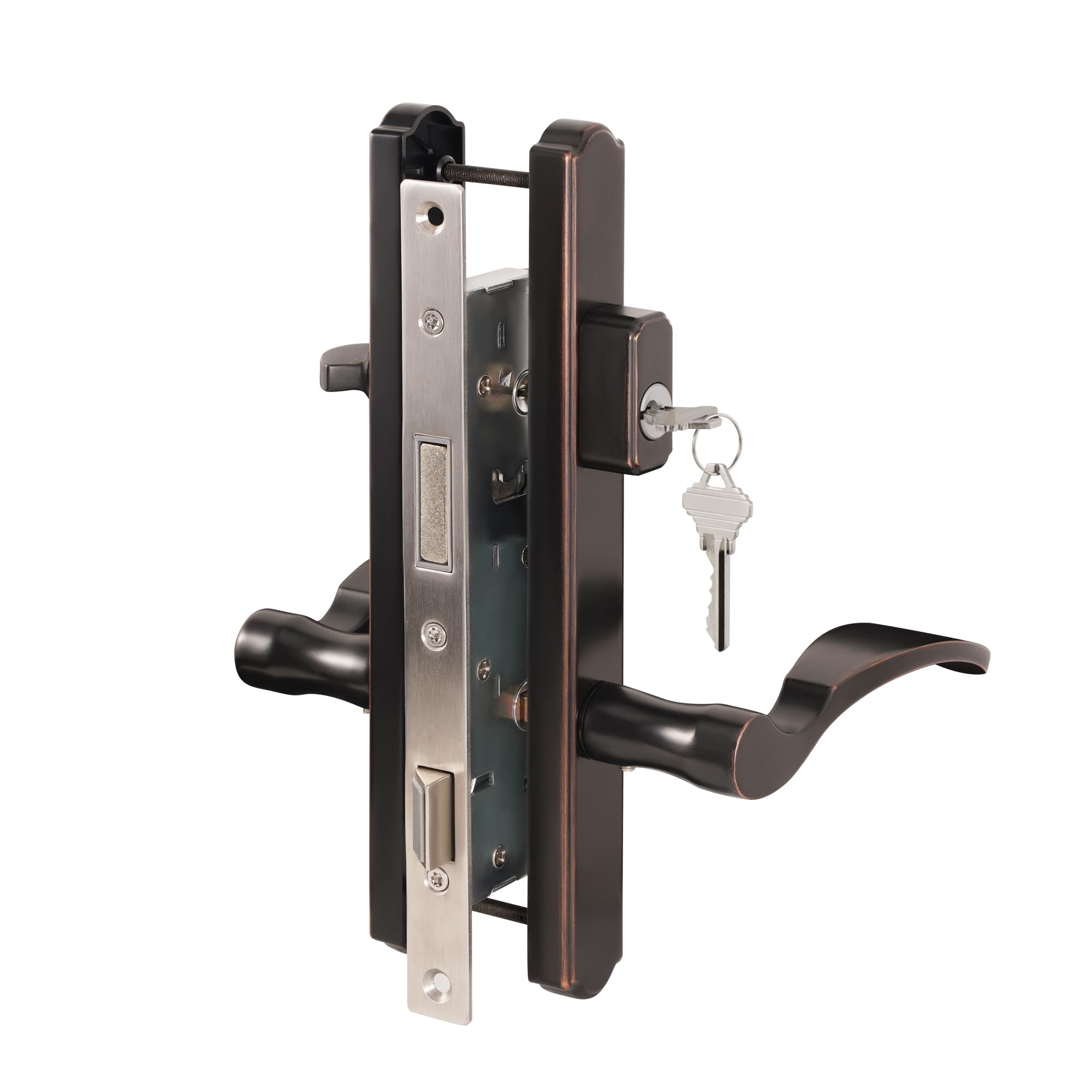 Universal Hinged Patio Door Handle System with Lever Handle & Mortise Lock Set - Left/Right Entry Door Handles (Oil Rubbed Bronze) - Perfect for Sliding Glass Doors, French Doors & Home Security