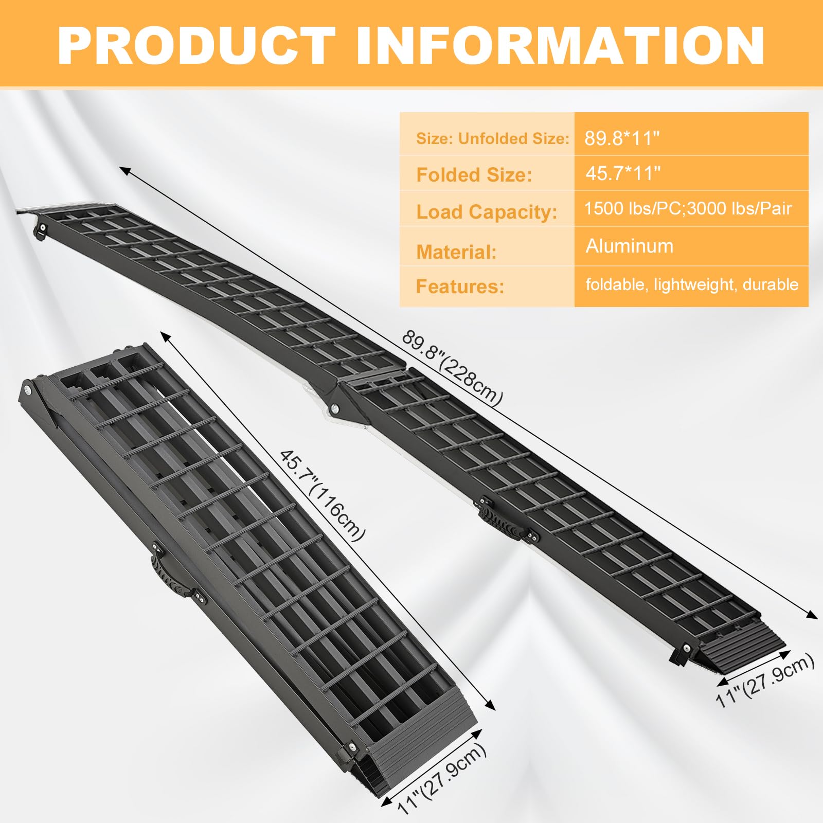 Gardhom 2PCS 7.5' Heavy Duty Aluminum Folding Ramps - 3000lbs Capacity Loading Ramps with Handle for ATV, UTV, Pickup Trucks, Motorcycles, Dirt Bikes, Lawn Mowers & Snow Blowers | Perfect for Garage, Warehouse & Off-Road Loading