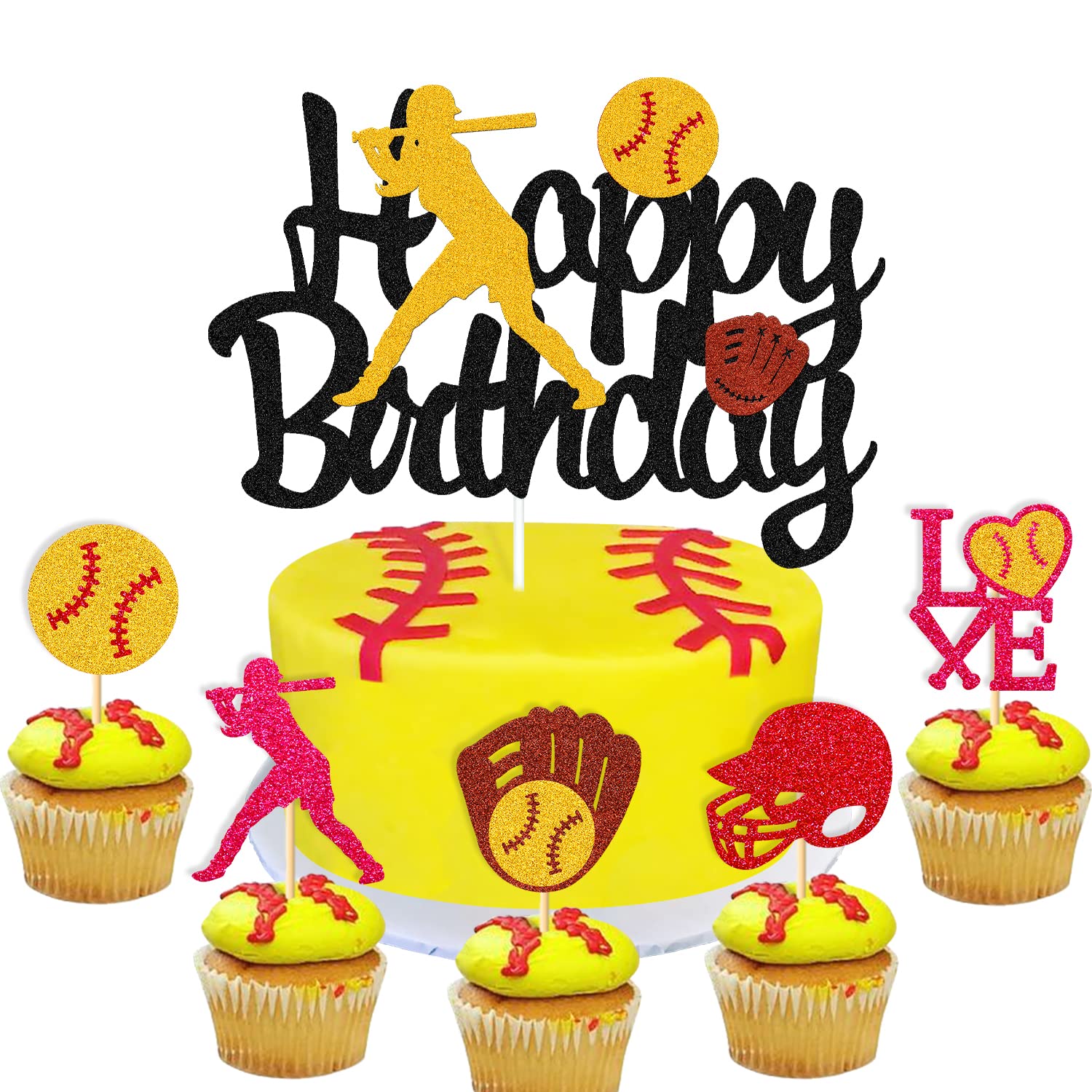 46 Pcs Softball Cupcake Toppers - Fastpitch Pitcher Baseball Sports Theme Decorations for Girls & Boys Birthday Parties - Perfect for Cake, Cupcake, and Dessert Decorations at Sports-Themed Celebrations