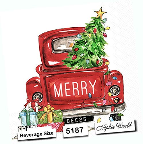 Red Truck Christmas Paper Napkins - 5x5 Inch Decorative Beverage Cocktail Napkins, Set of 4 - Perfect for Holiday Parties, Winter Weddings & Cozy Home Decor