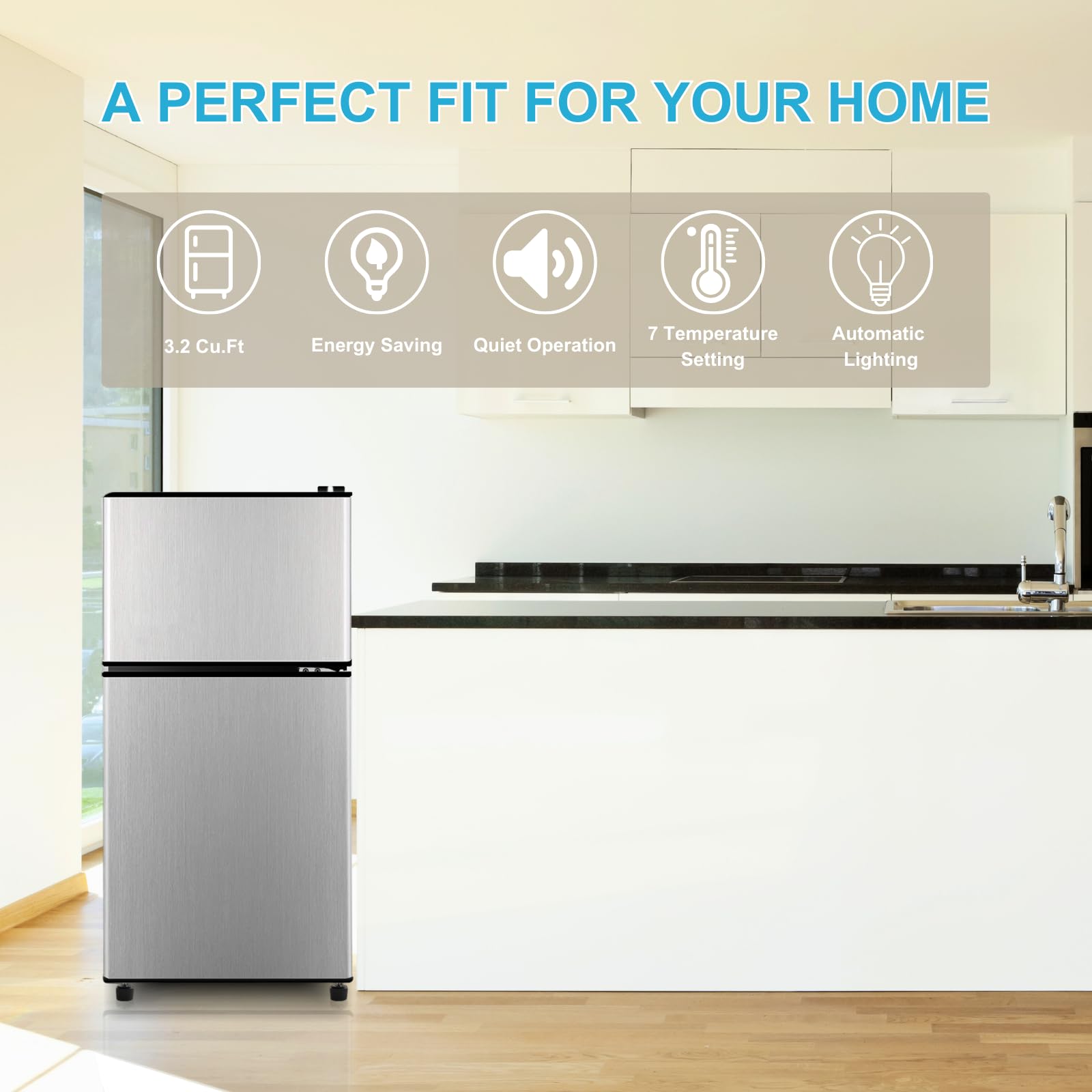 3.2 Cu Ft Energy Efficient Refrigerator with Freezer - 2 Door Compact Fridge for Apartments, Dorms, Kitchens, Offices & Bedrooms - Ultra Quiet Cooling for Small Spaces
