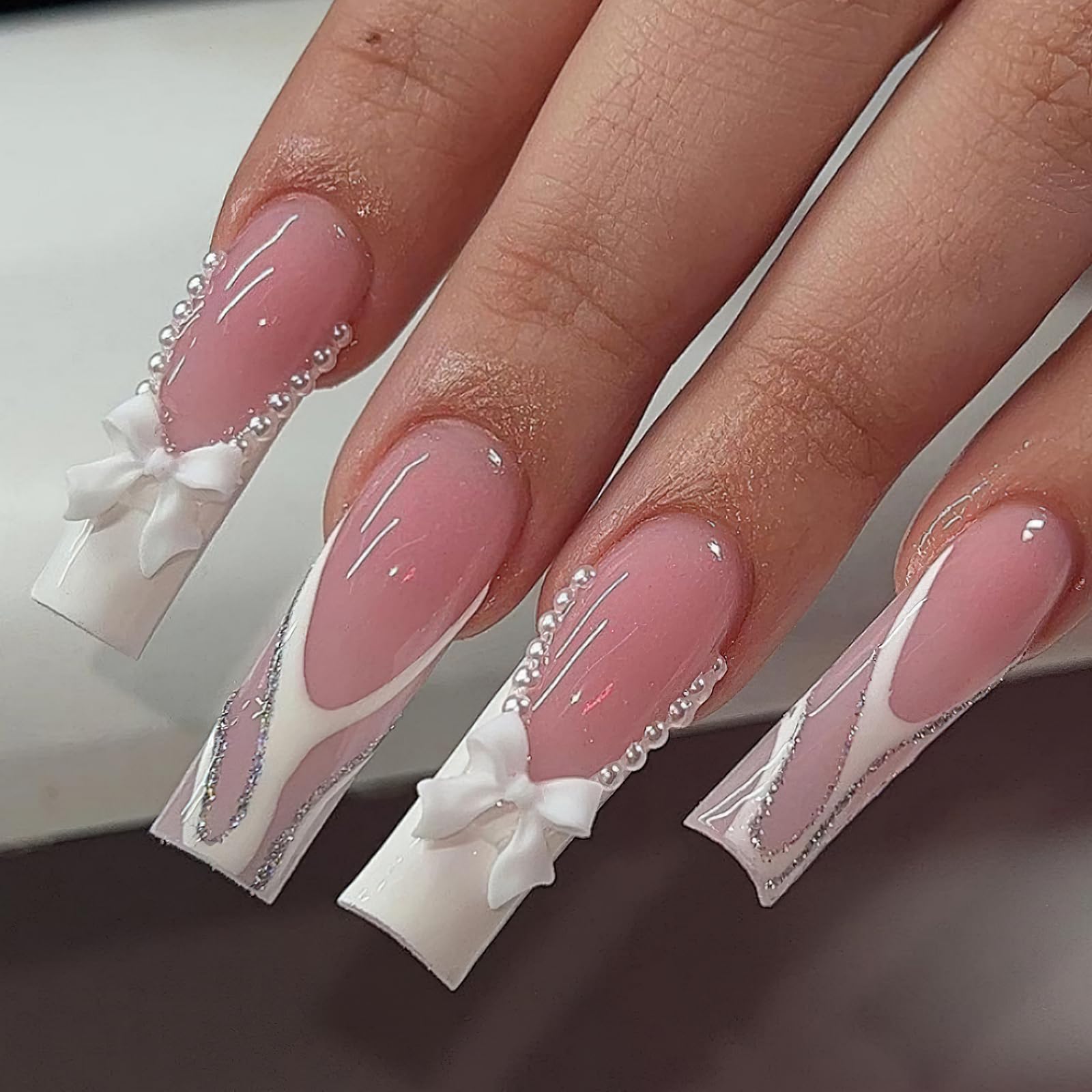 24Pcs French Tip Press on Nails - Long Square Fake Nails with Bow Rhinestone & Pearl Designs | Glossy Coffin False Nails for Women & Girls | Reusable Acrylic Nails for Parties, Weddings & Special Occasions