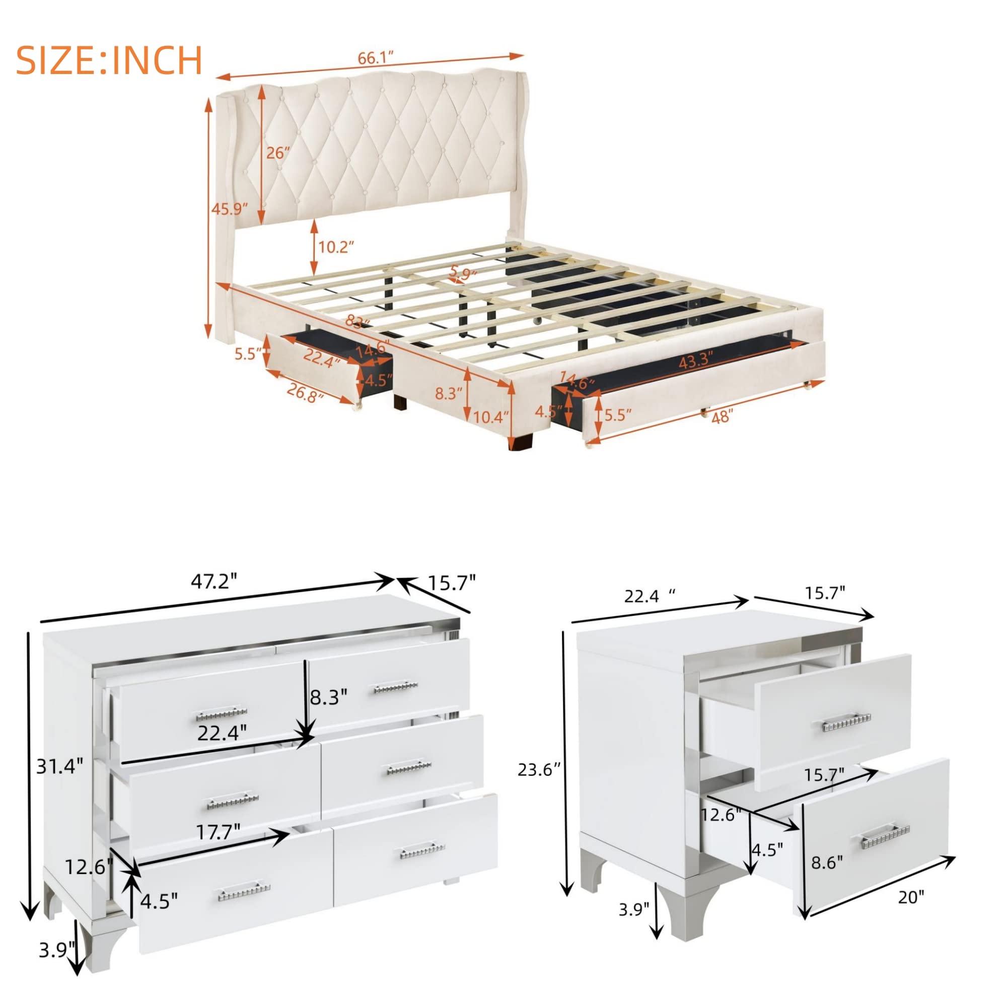 Flieks 4-Piece Queen Size Bedroom Set - Upholstered Bed with 3 Drawers, High Gloss Mirrored Nightstands & Dresser with Metal Handles & Legs in Beige | Modern Bedroom Furniture for Master Bedroom, Guest Room & Apartment Decor