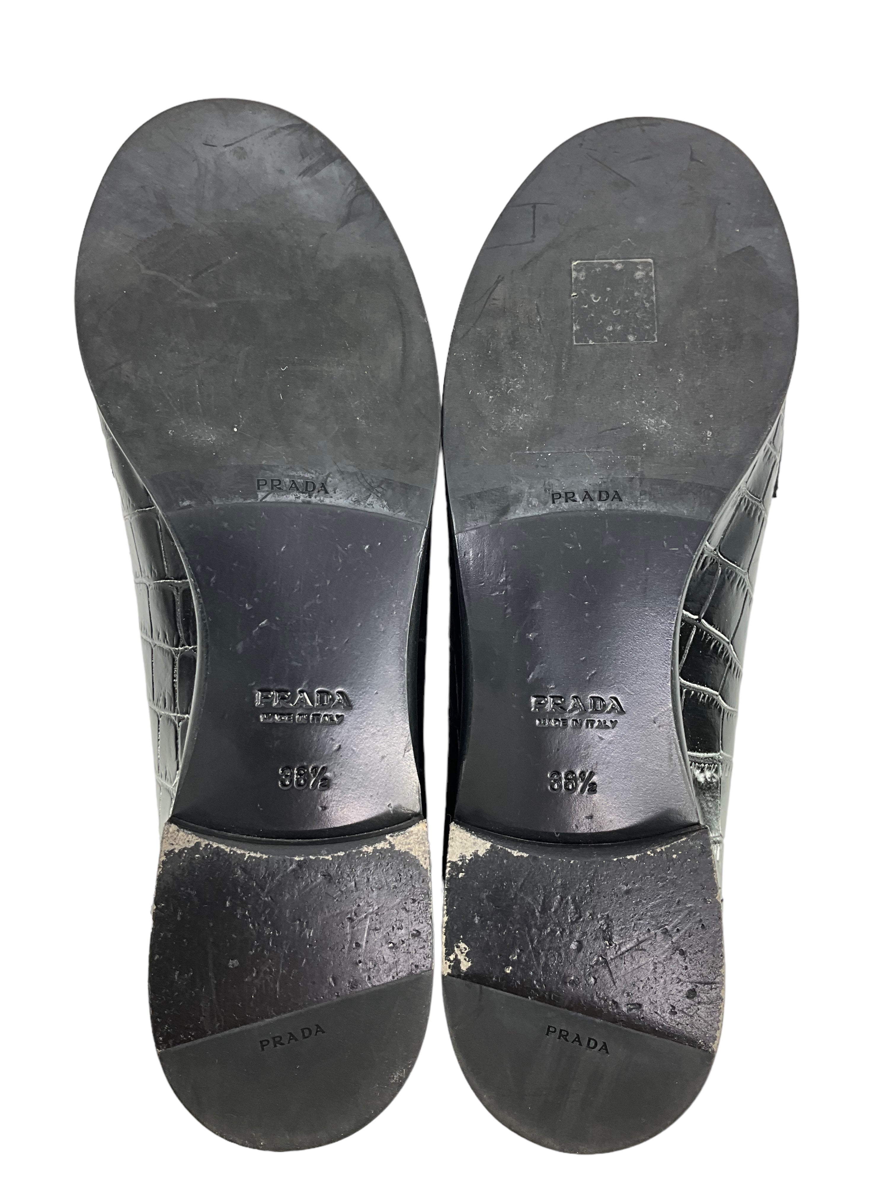 Prada Black Crocodile Embossed Leather Loafers for Men - Size 8.5 US (38.5 EU) - Luxury Italian Designer Shoes for Business & Formal Occasions