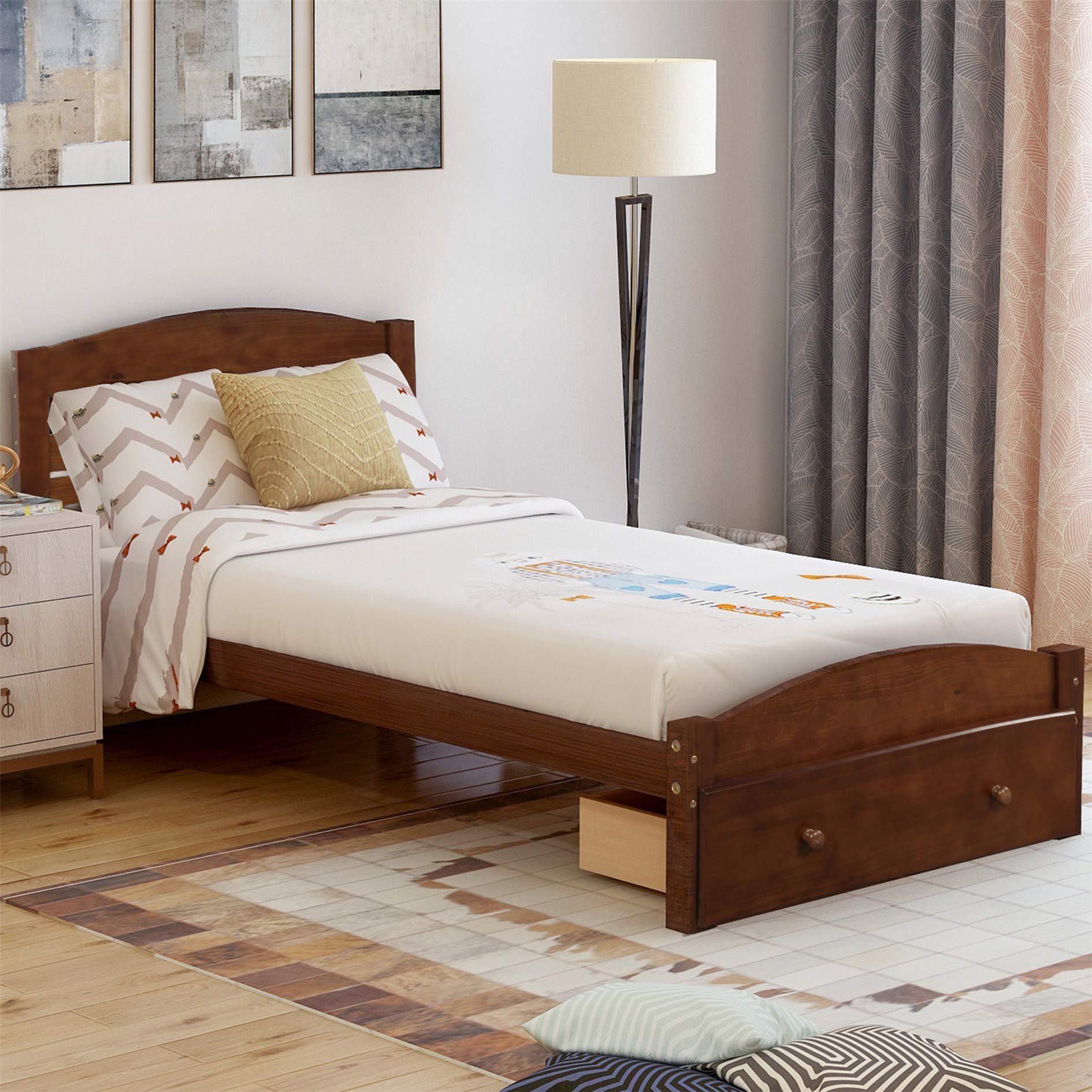MERITLINE Twin Bed Frame with Storage Drawers - Solid Wood Platform Bed with Headboard & Slat Support, No Box Spring Required (Walnut Finish) - Perfect for Small Bedrooms, Guest Rooms & Dormitories