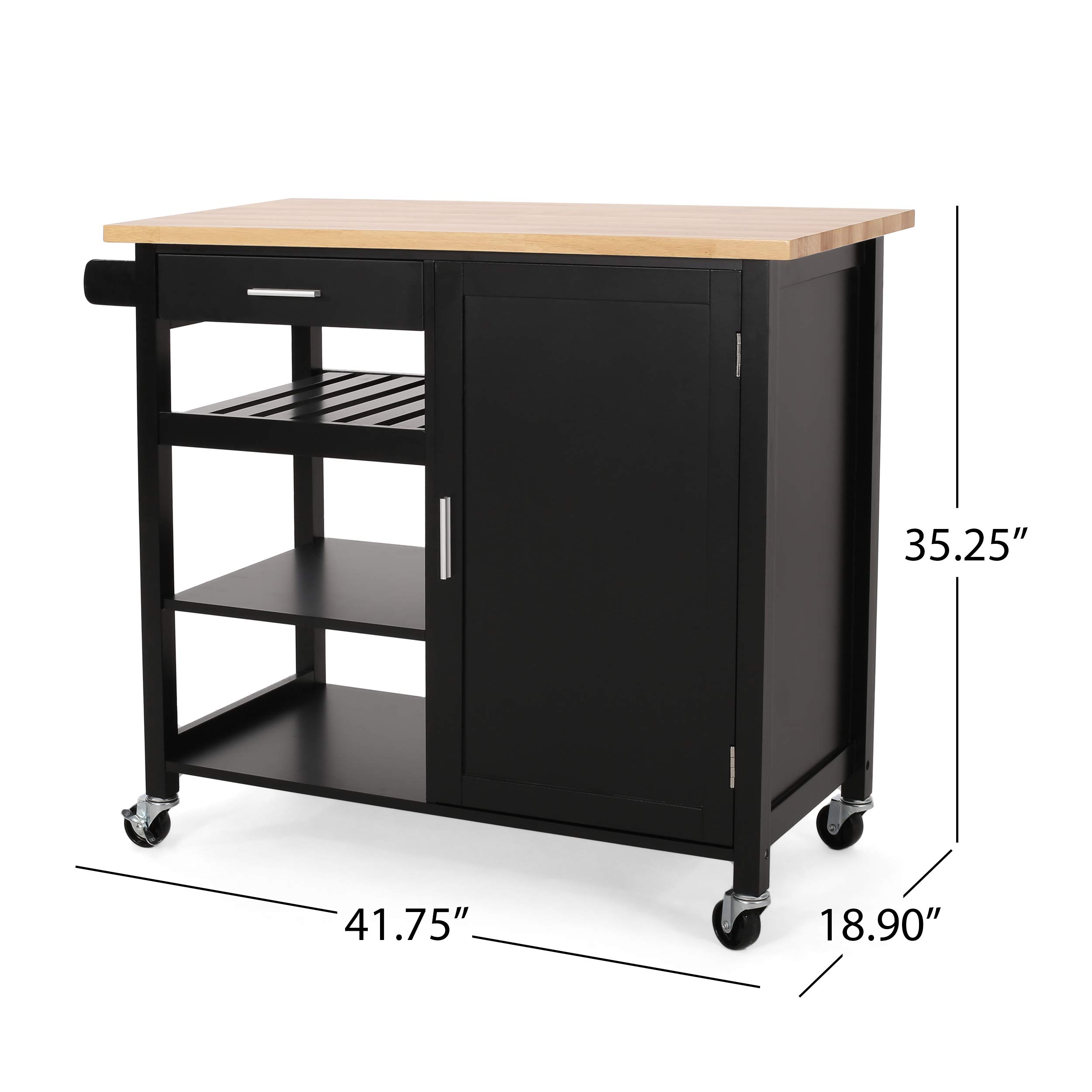 Christopher Knight Home Frances Contemporary Kitchen Cart with Wheels - Natural & Black Finish | Rolling Kitchen Island for Small Spaces, Mobile Bar Cart for Entertaining, Portable Storage for Pantry or Dining Room